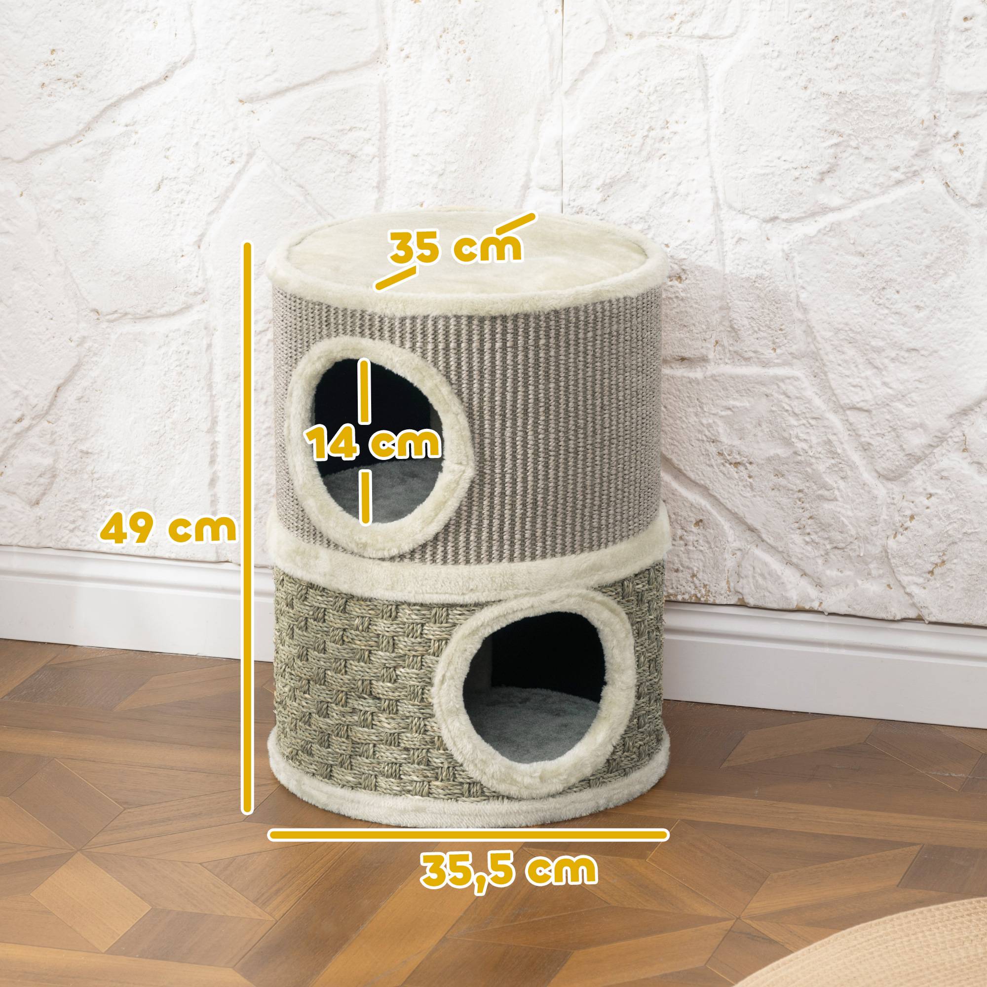 Sans Marque - Tonneau à griffer 49 cm, Ø35,5 cm, 2 étages, bord peluche, 2 niches, Kaki+Café - Image 5