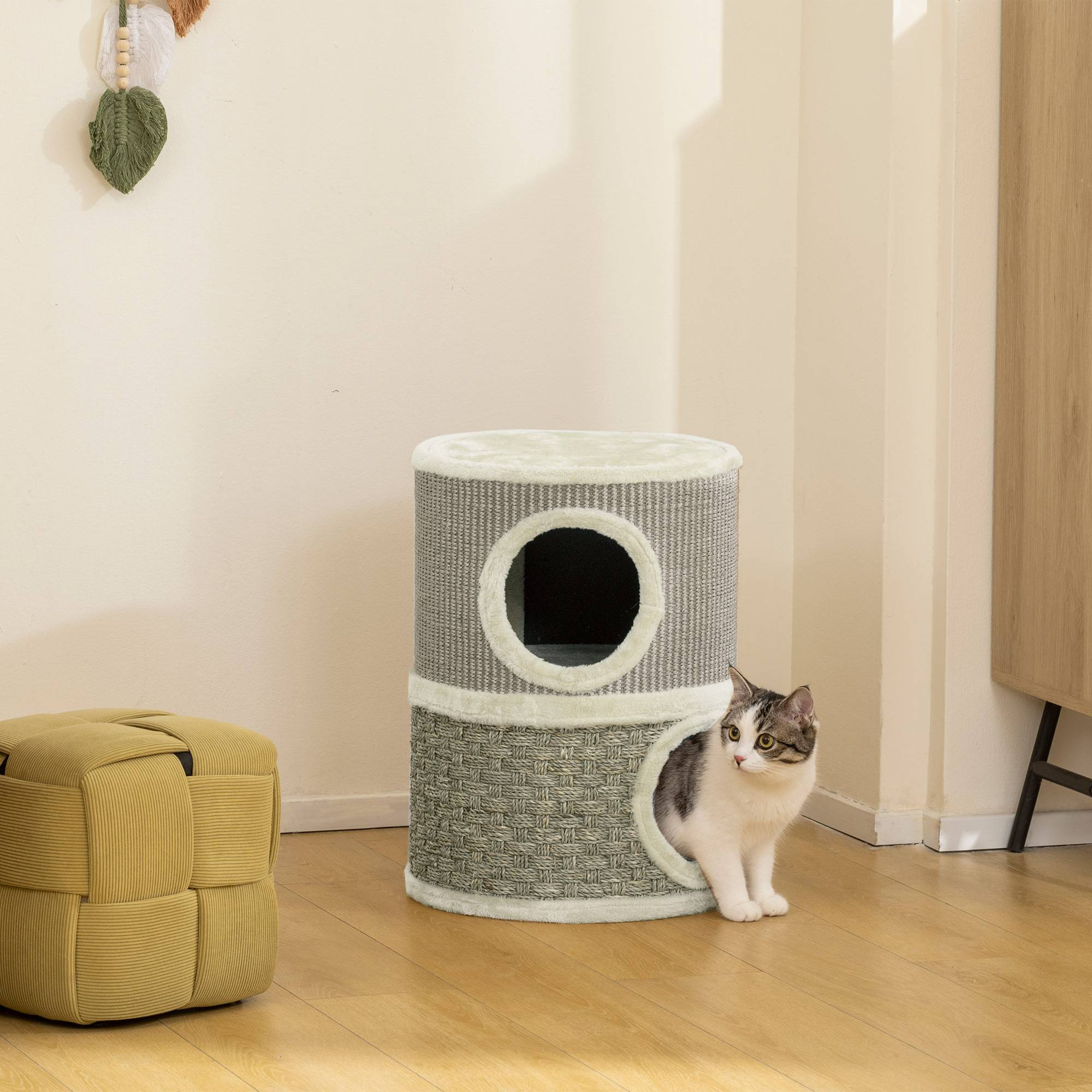 Sans Marque - Tonneau à griffer 49 cm, Ø35,5 cm, 2 étages, bord peluche, 2 niches, Kaki+Café - Image 3