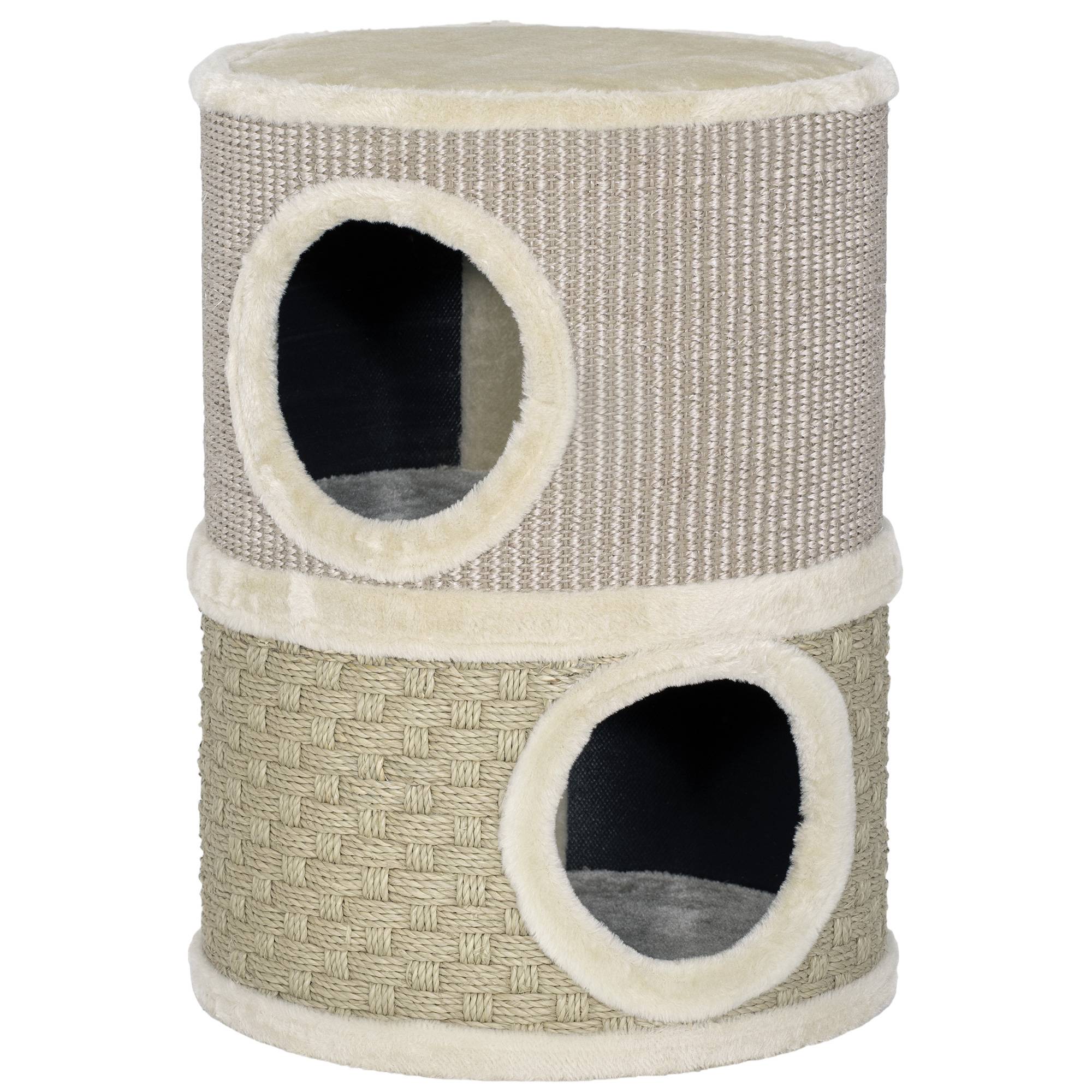Sans Marque - Tonneau à griffer 49 cm, Ø35,5 cm, 2 étages, bord peluche, 2 niches, Kaki+Café - Image 2