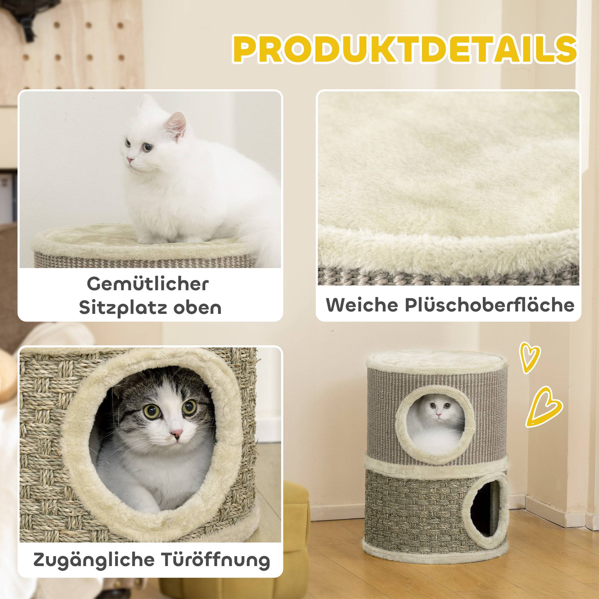 Sans Marque - Tonneau à griffer 49 cm, Ø35,5 cm, 2 étages, bord peluche, 2 niches, Kaki+Café - Image 7