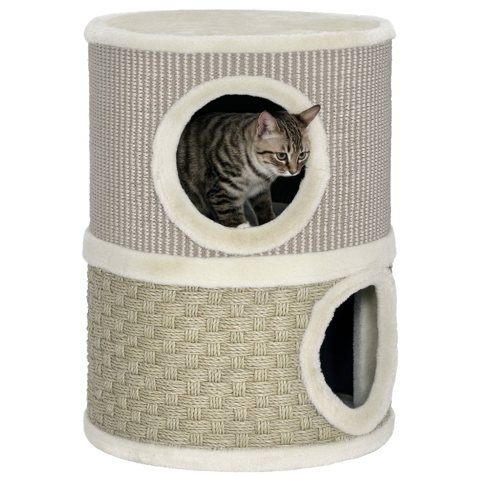 Sans Marque - Tonneau à griffer 49 cm, Ø35,5 cm, 2 étages, bord peluche, 2 niches, Kaki+Café - Image 1