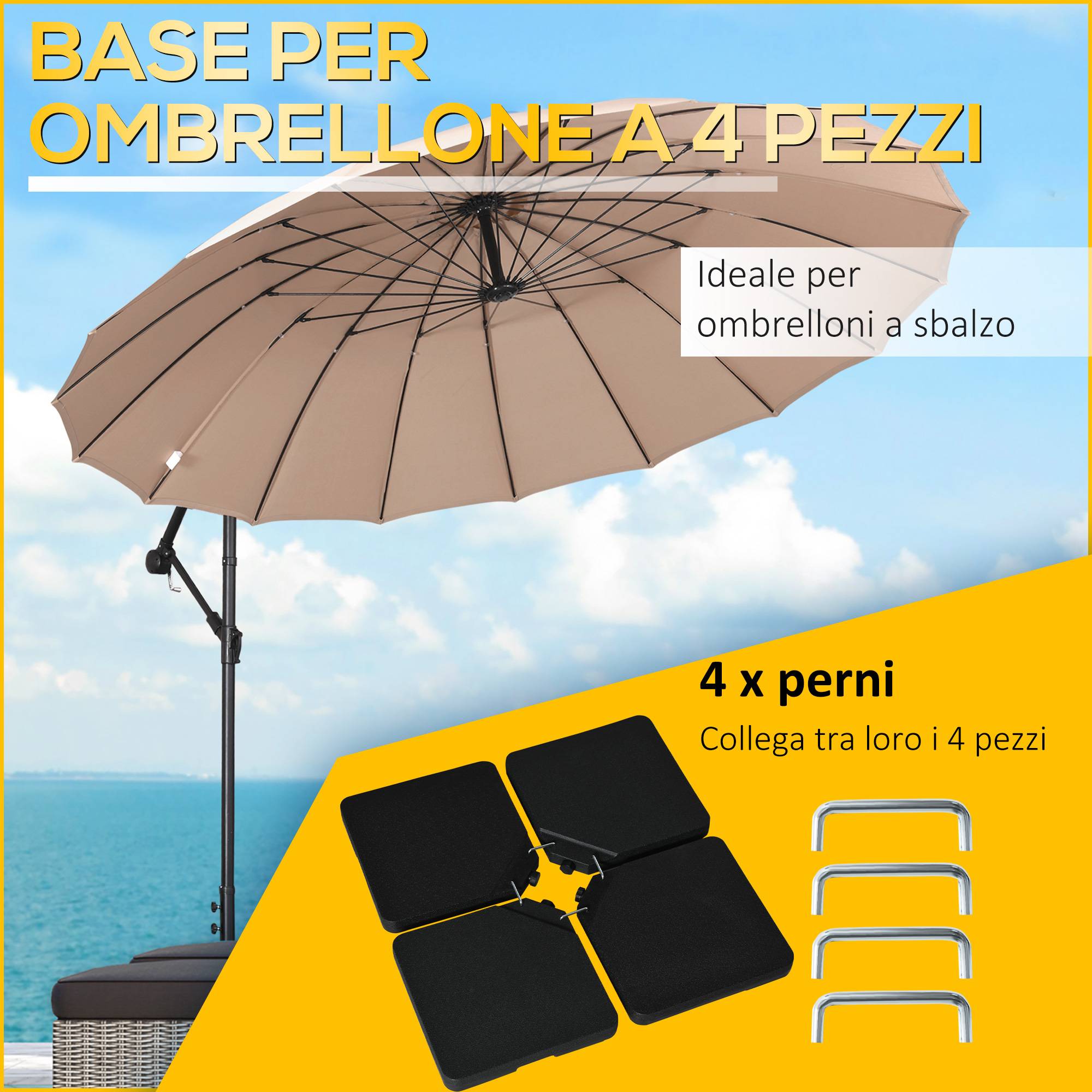 Base de parasol 4 pièces, remplissable d'eau ou de sable, avec crochets de fixation, noire - Image 6