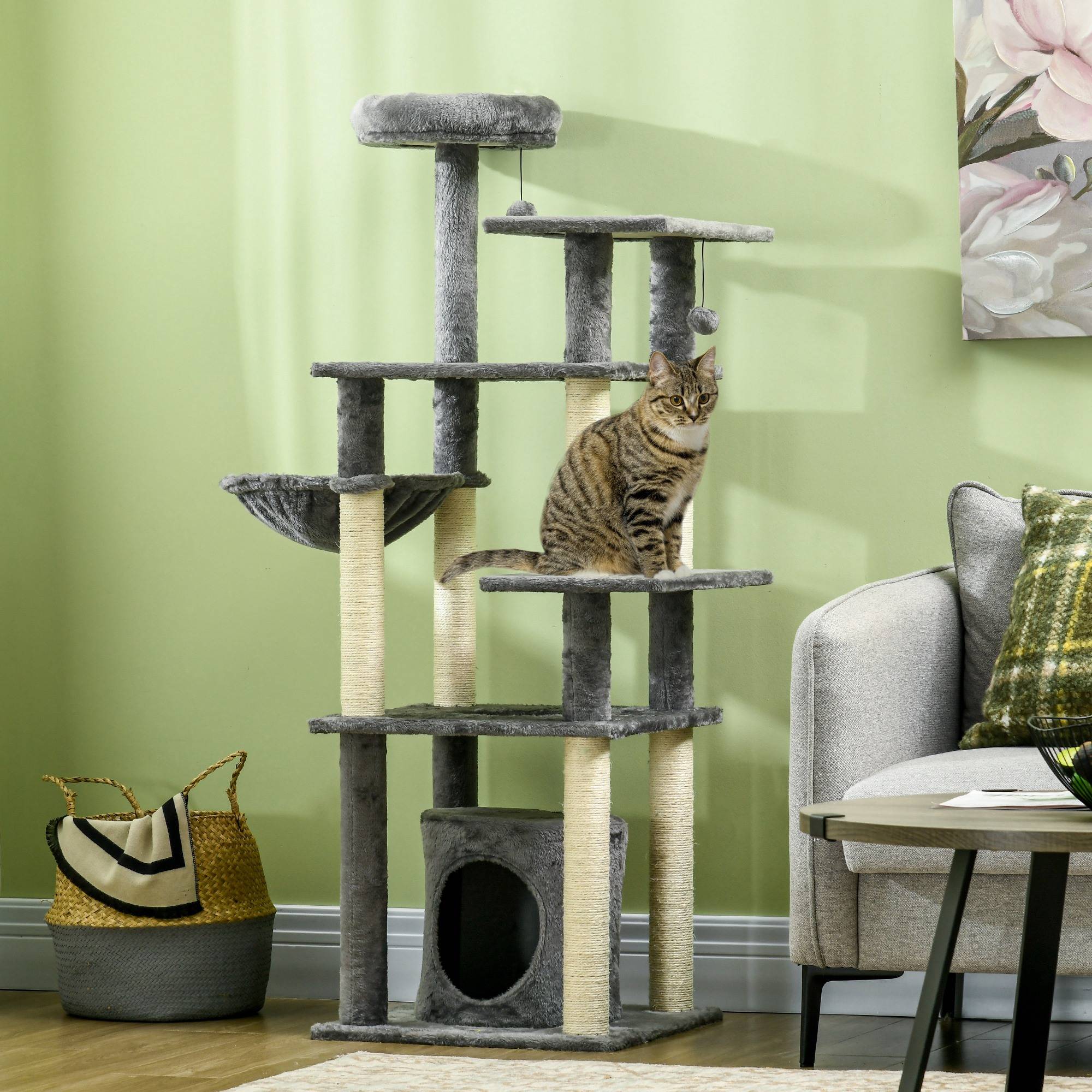 Arbre à chat de grande taille (144 cm) avec griffoir, couchage, grotte, plateformes et balles suspendues, 49 x 49 x 144 cm, gris - Image 4