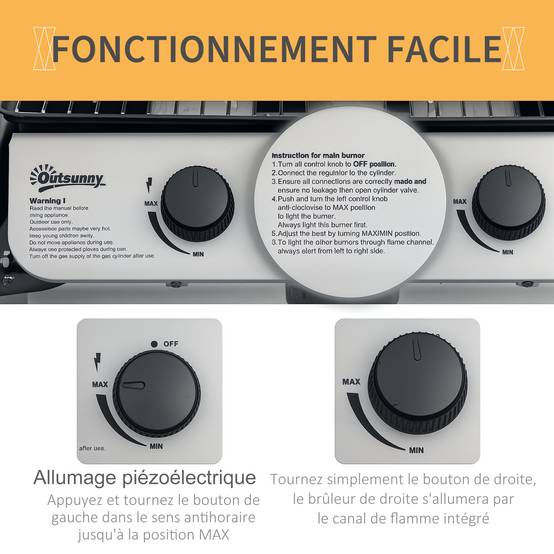 Barbecue gaz 2 brûleurs en acier inoxydable, puissance 2,8 kW, barbecue de jardin 2 grilles, 104 x 49 x 99 cm, noir - Image 7