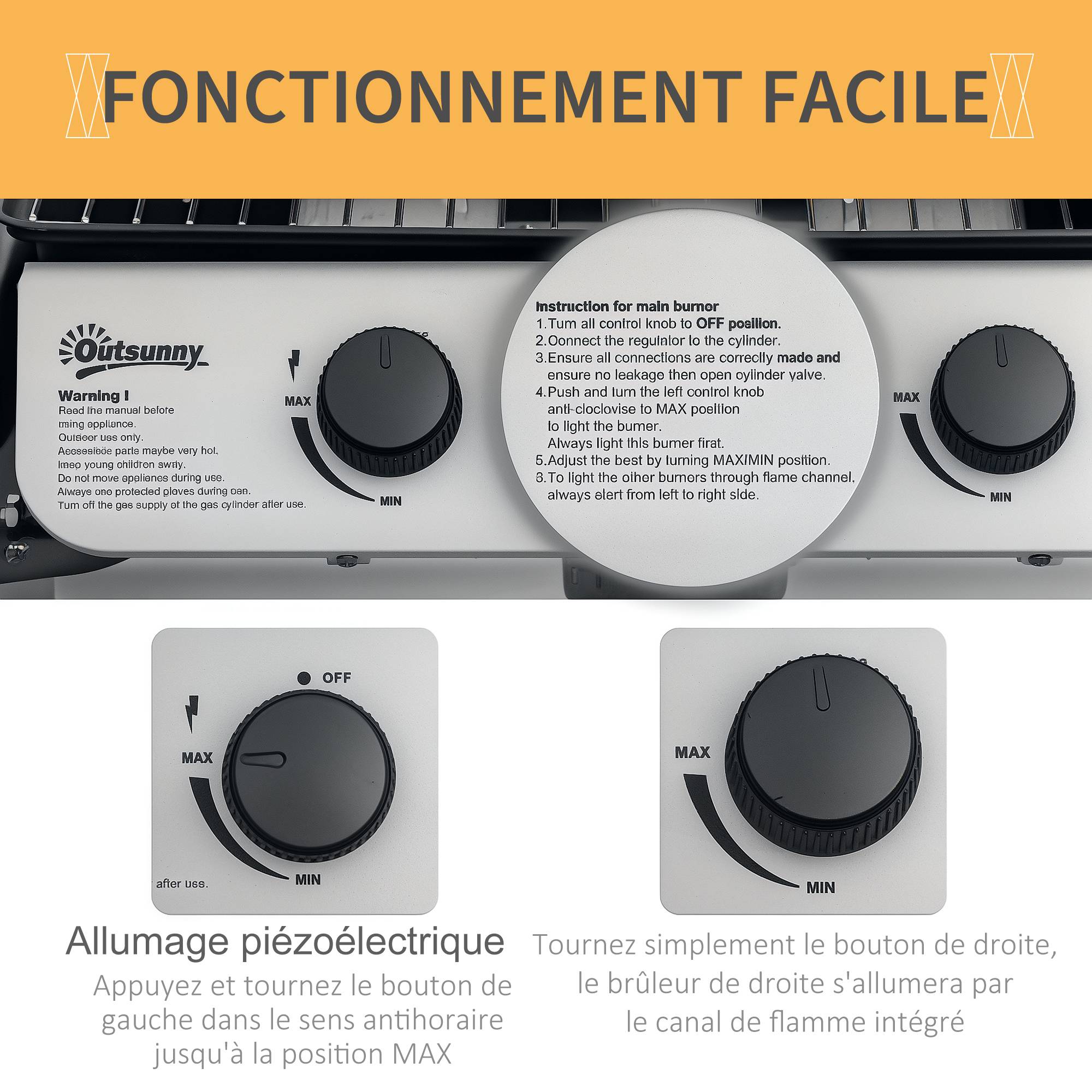 Barbecue gaz 2 brûleurs en acier inoxydable, puissance 2,8 kW, barbecue de jardin 2 grilles, 104 x 49 x 99 cm, noir - Image 7