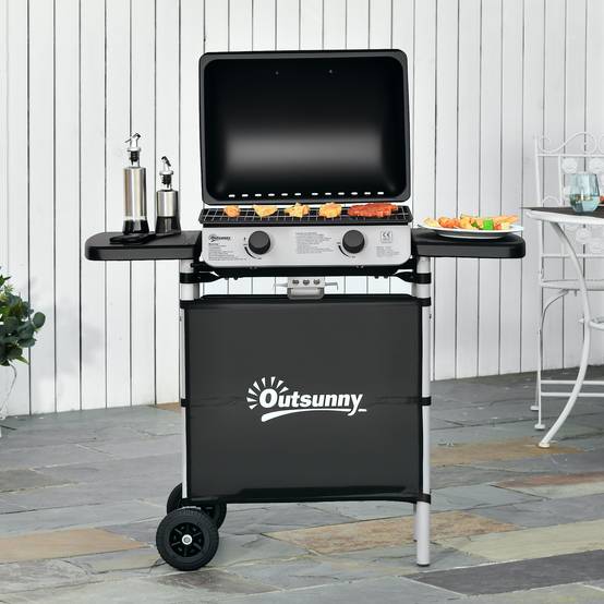 Barbecue gaz 2 brûleurs en acier inoxydable, puissance 2,8 kW, barbecue de jardin 2 grilles, 104 x 49 x 99 cm, noir - Image 3