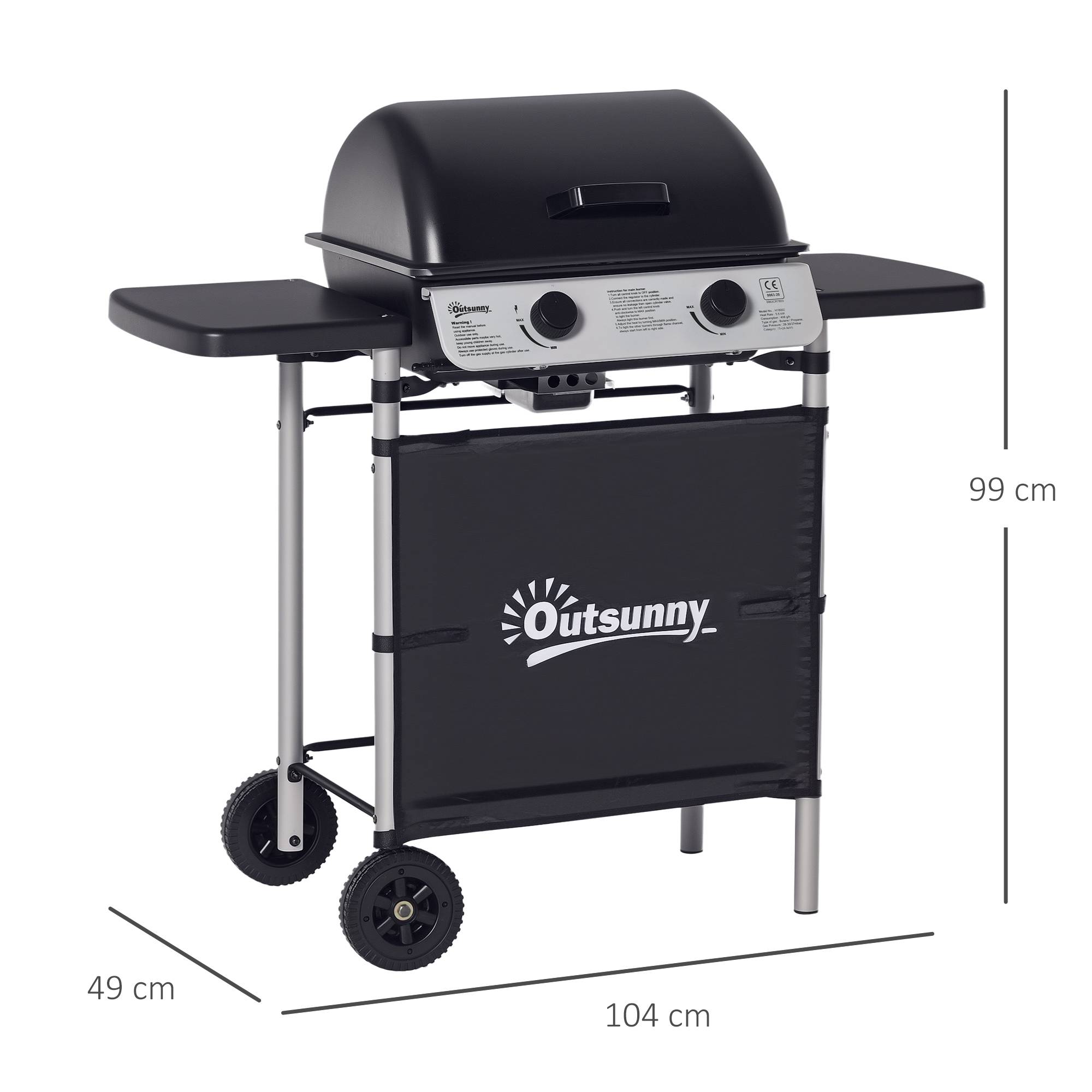 Barbecue gaz 2 brûleurs en acier inoxydable, puissance 2,8 kW, barbecue de jardin 2 grilles, 104 x 49 x 99 cm, noir - Image 5