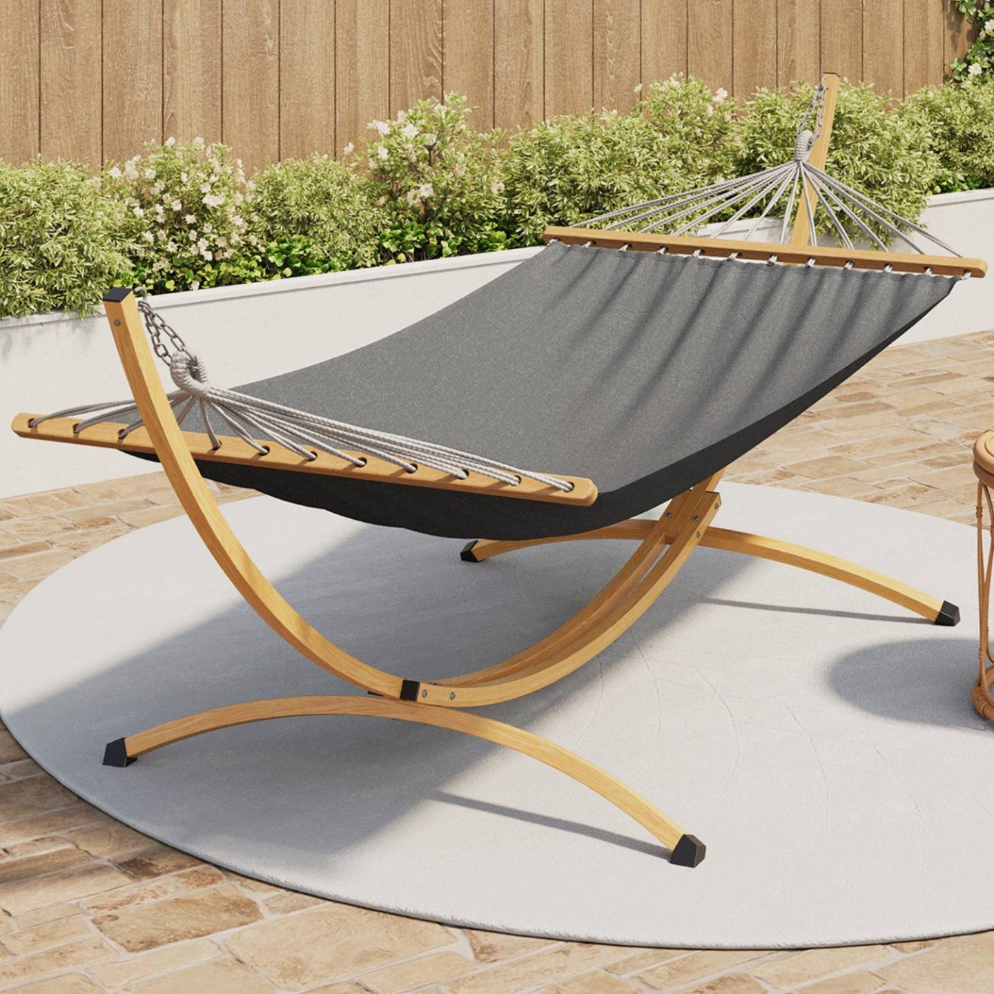 IDMARKET - Hamac XL avec support métal effet bois et toile grise - Image 1
