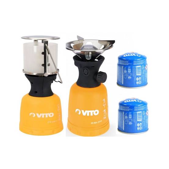 Kit Camping Lampe à gaz et Réchaud gaz + 2 Cartouches gaz 190gr Perçables VITO - Image 1