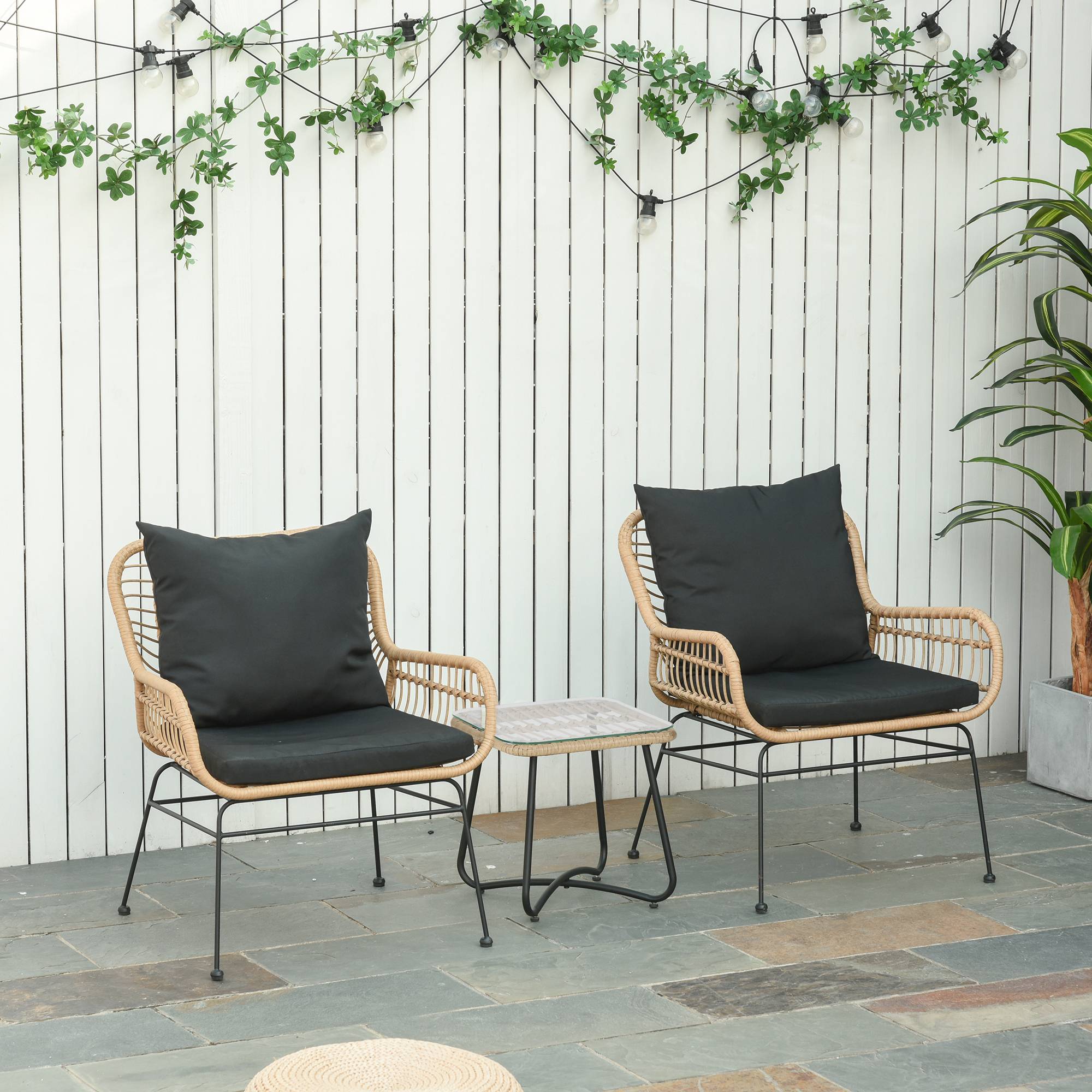 Outsunny - Ensemble salon de jardin 3 pièces style exotique 2 fauteuils avec coussins + table basse résine tressée beige métal époxy noir - Outsunny - Image 2