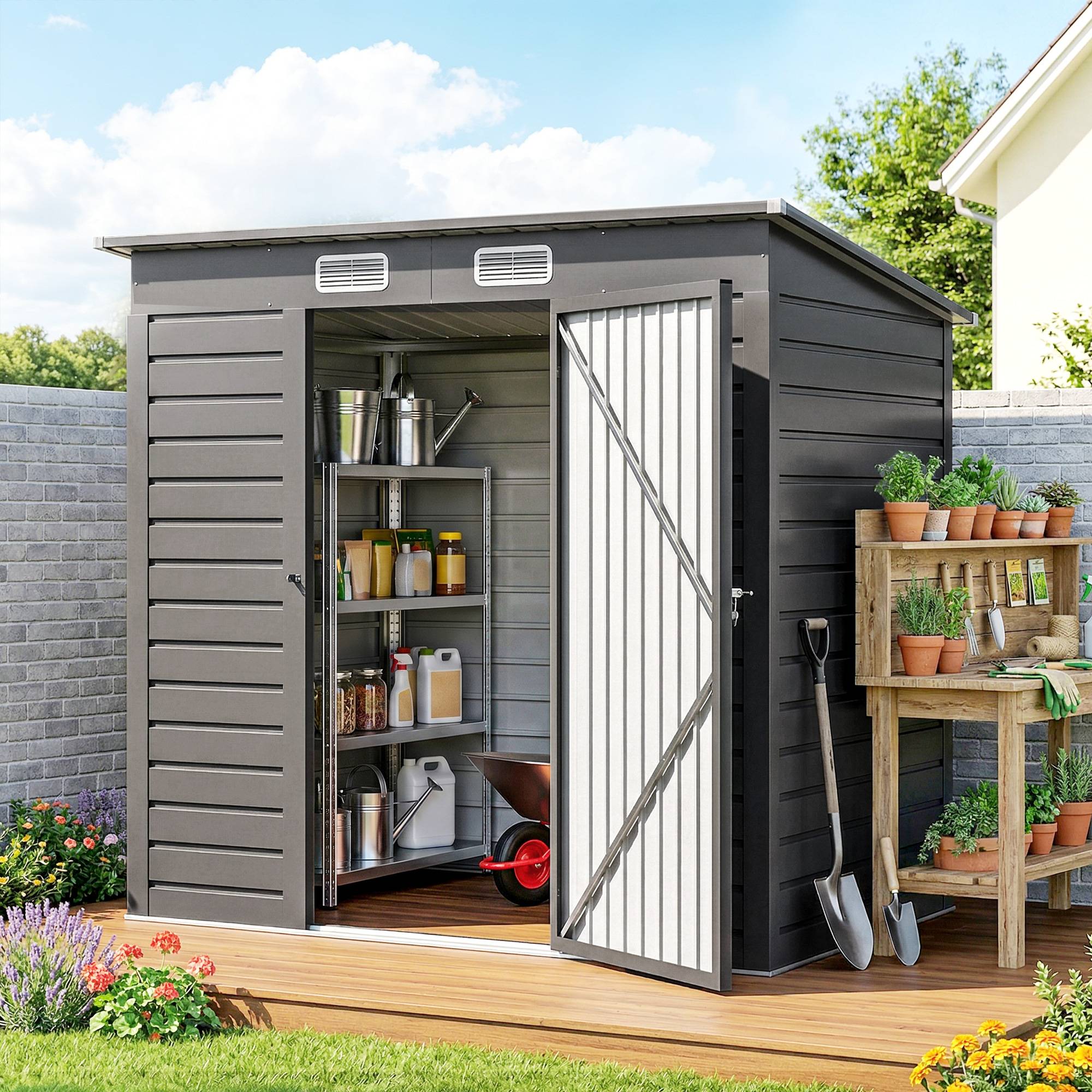 Sans Marque - Abri de jardin 2,3m² - pour Outils - cabanon Porte verrouillable - dim. 191L x 130P x 166,5-183H cm - acier - Image 3