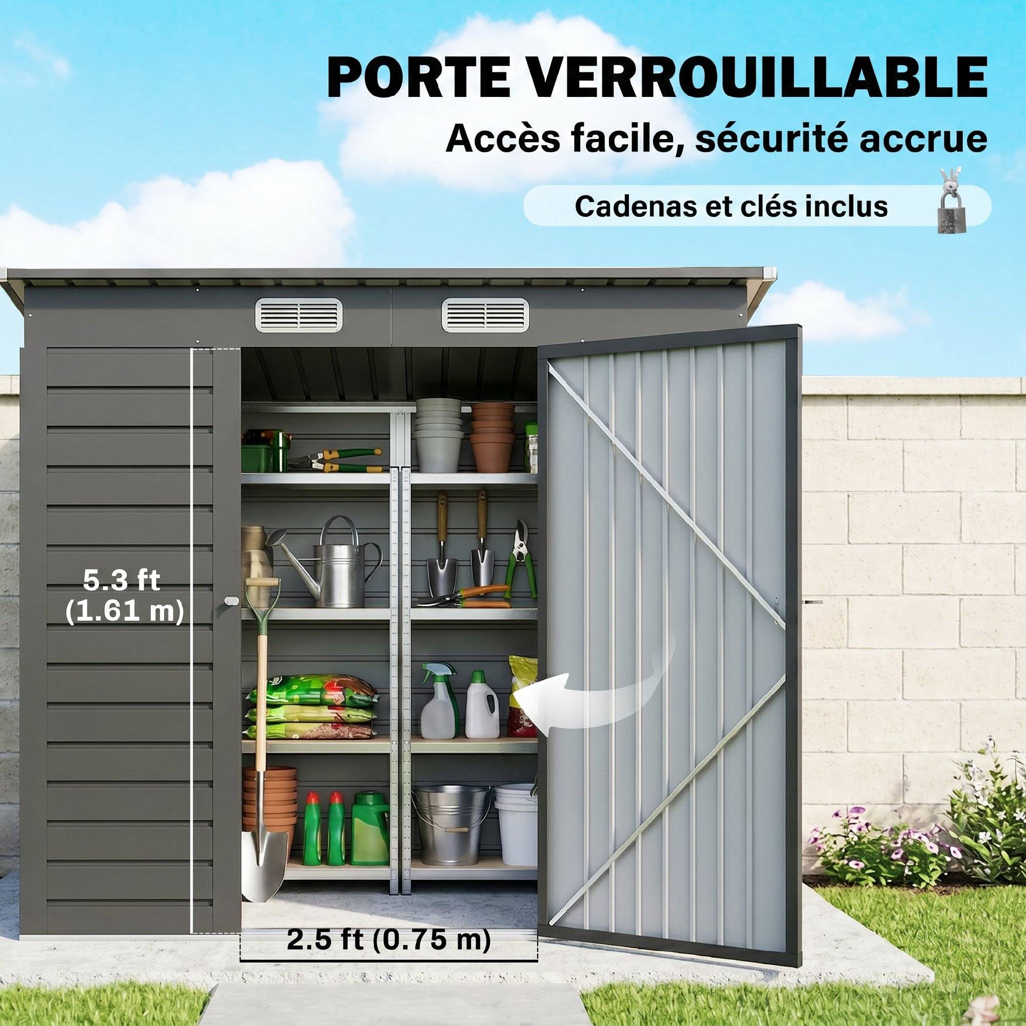 Sans Marque - Abri de jardin 2,3m² - pour Outils - cabanon Porte verrouillable - dim. 191L x 130P x 166,5-183H cm - acier - Image 8