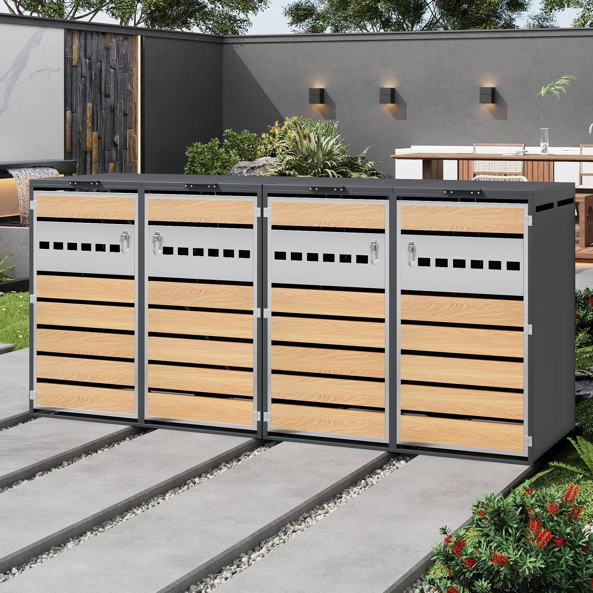 Mülltonnenbox avec bois imitation et compartiments séparéss, 132 x 80 x 118,5 cm - PANGIVO - Image 10
