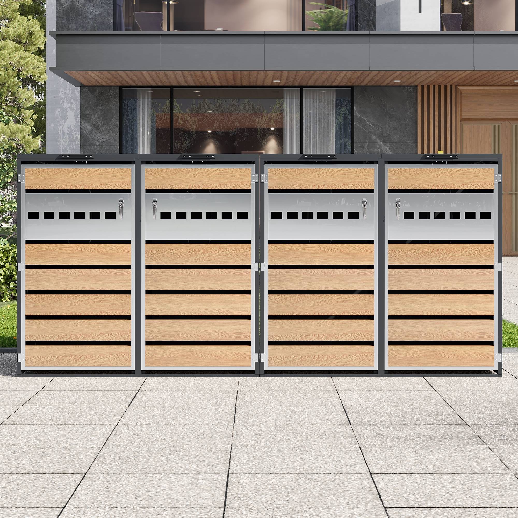 Mülltonnenbox avec bois imitation et compartiments séparéss, 132 x 80 x 118,5 cm - PANGIVO - Image 5