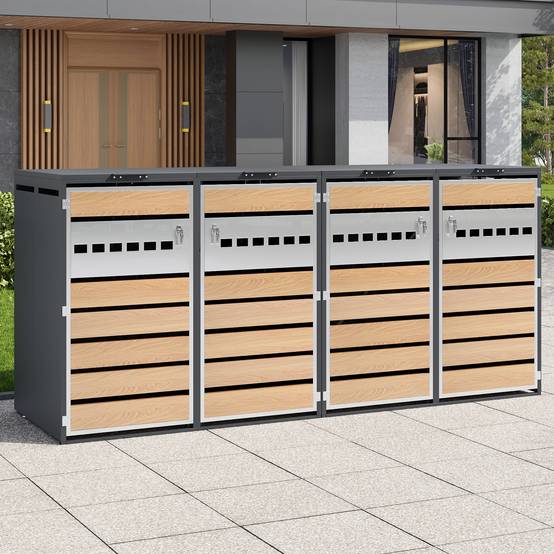 Mülltonnenbox avec bois imitation et compartiments séparéss, 132 x 80 x 118,5 cm - PANGIVO - Image 1