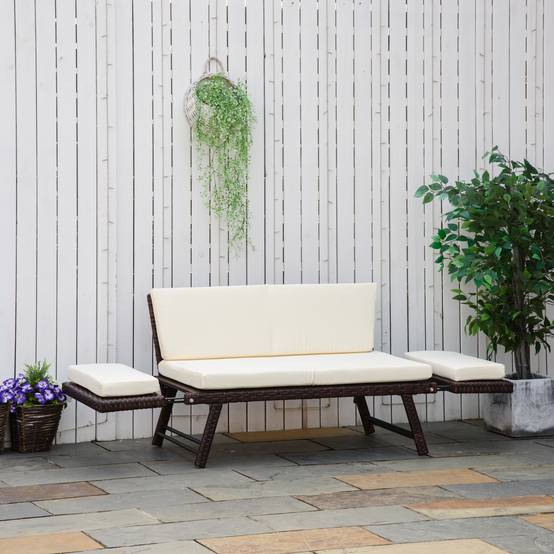 Canapé de jardin 2 places avec accoudoirs rabattables en Polyrattan, acier, Marron - PANGIVO - Image 2