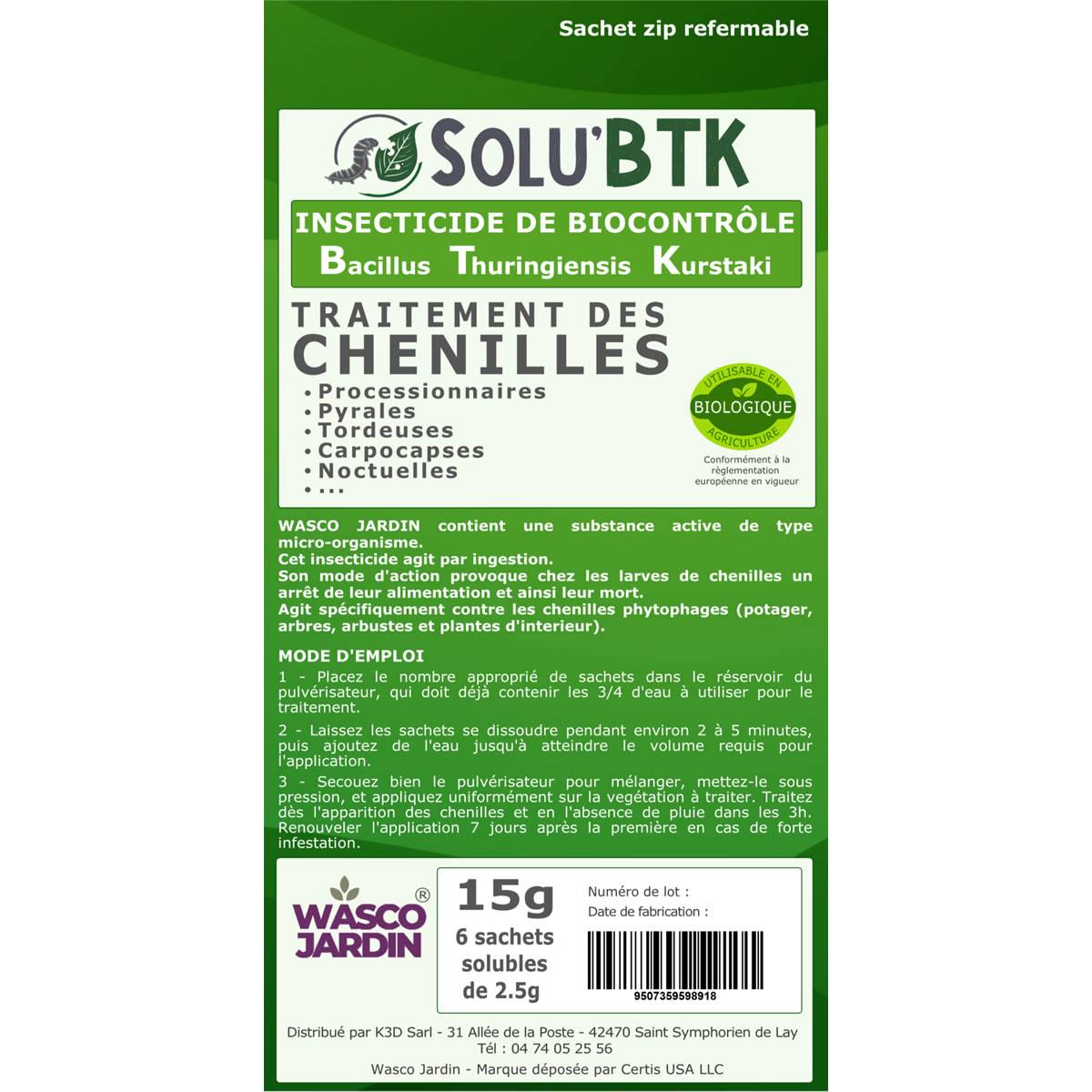 SOLU'BTK - Produit BTK de biocontrôle contre les chenilles phytophages - 15g - Image 2