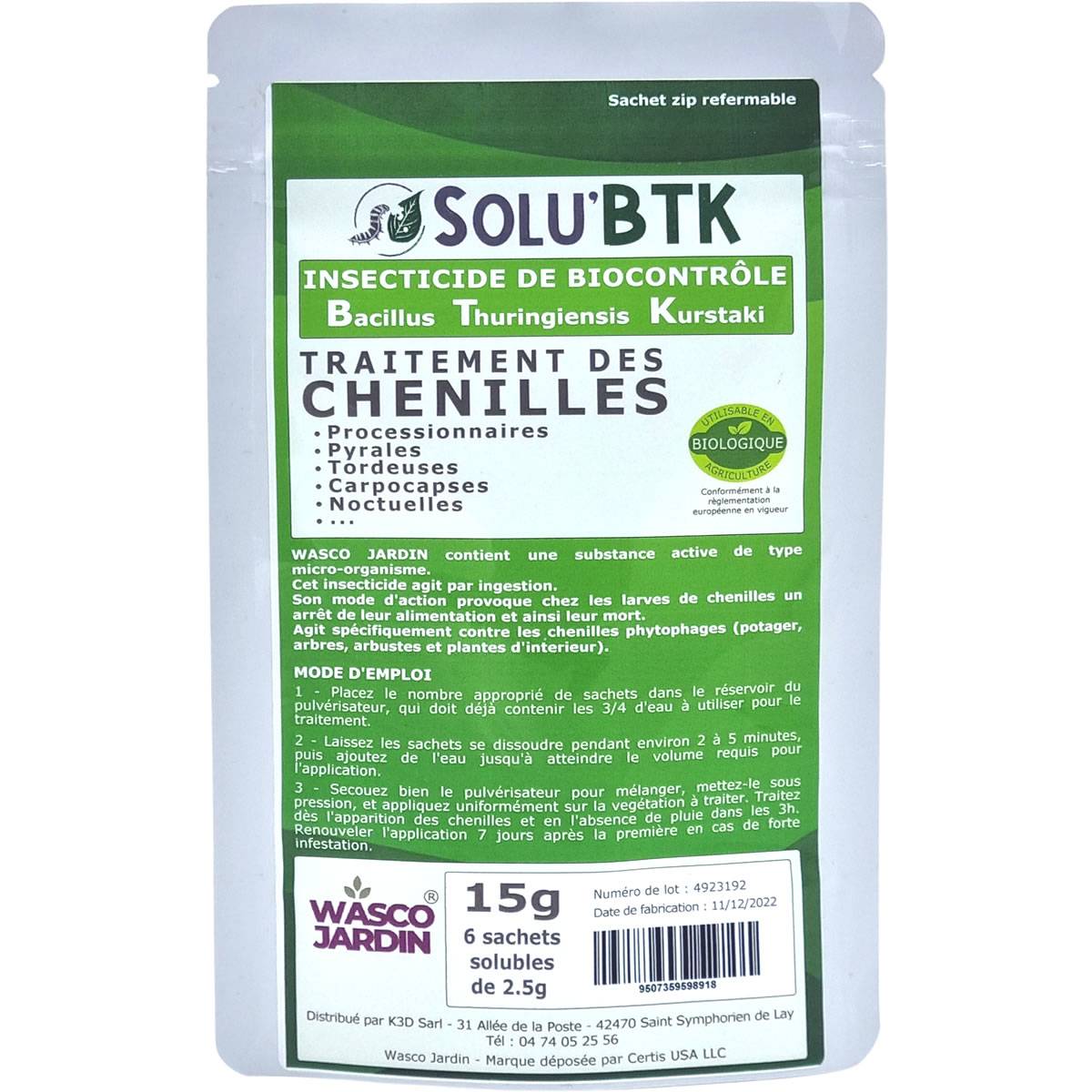 SOLU'BTK - Produit BTK de biocontrôle contre les chenilles phytophages - 15g - Image 1