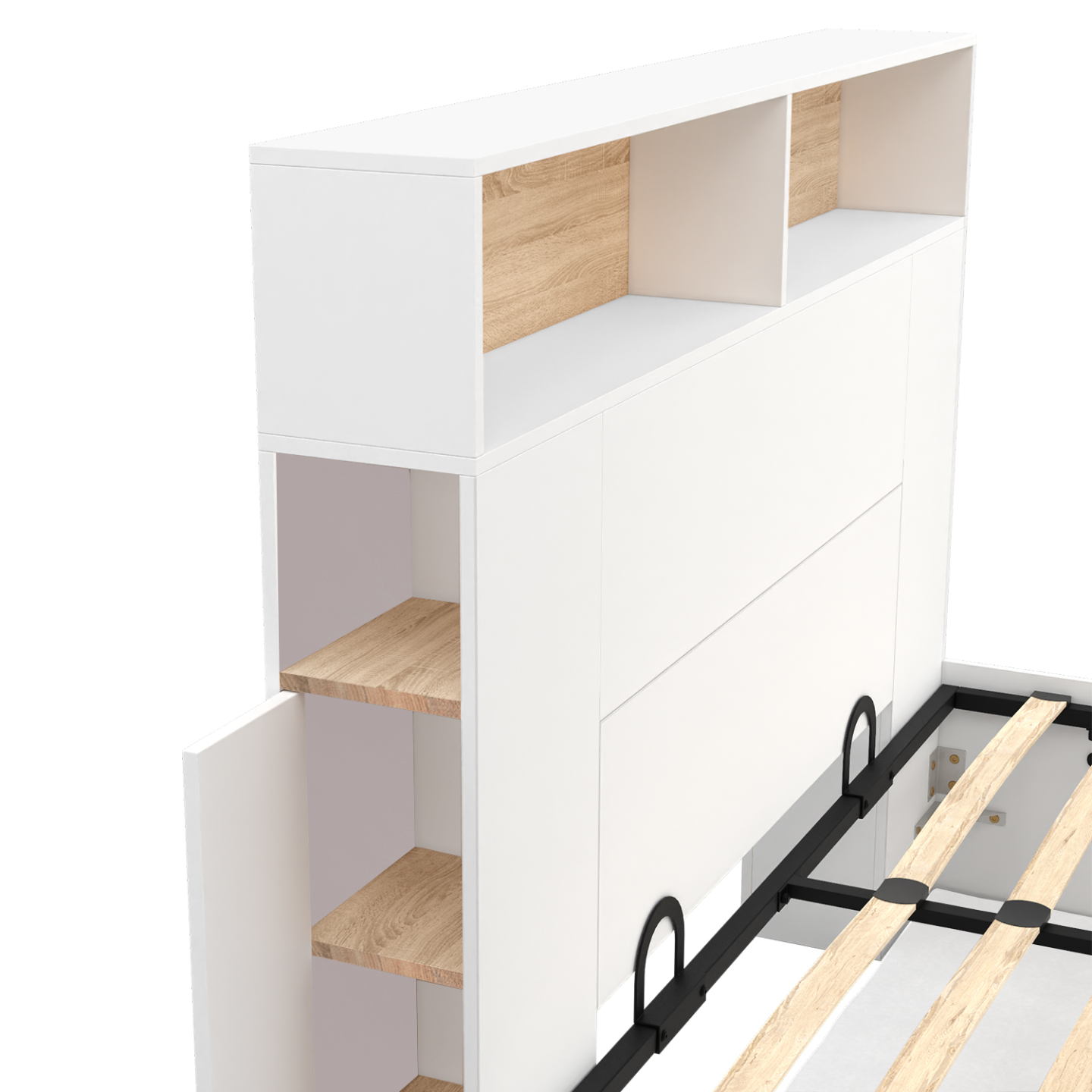 Lit coffre double CLYDE avec tête de lit + rangements et sommier 140 x 190 cm blanc et façon hêtre - Image 6