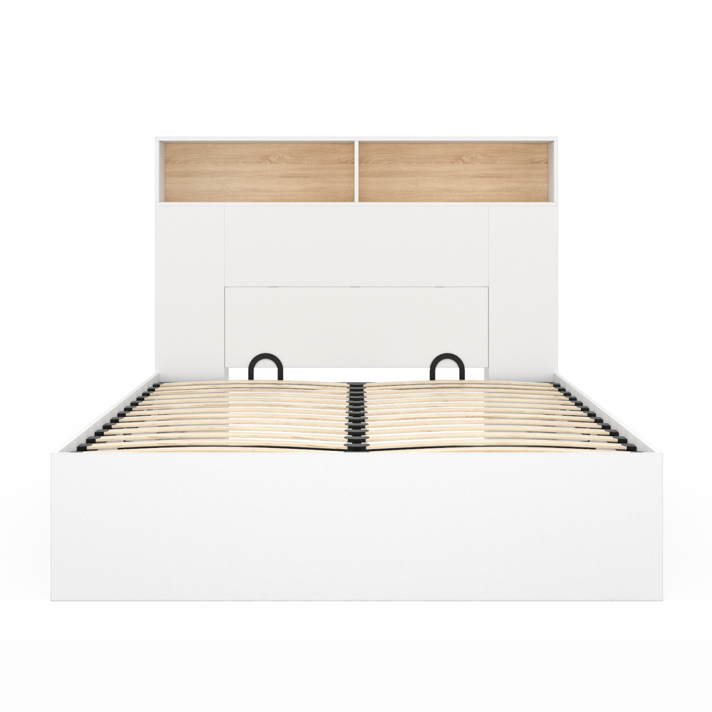 Lit coffre double CLYDE avec tête de lit + rangements et sommier 140 x 190 cm blanc et façon hêtre - Image 3