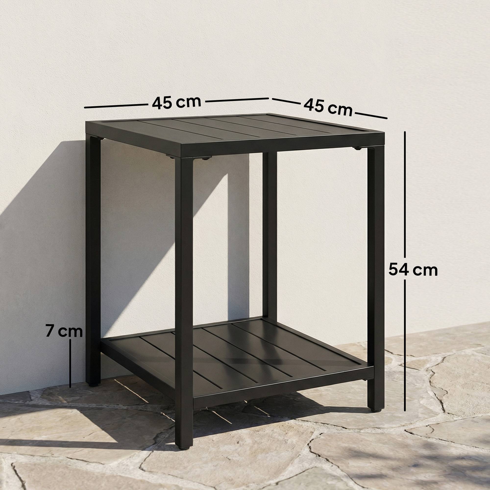 Sans Marque - Table basse extérieure à 2 niveaux en métal, table de jardin carrée avec étagère de rangement, 45 x 45 x 54 cm, noir - Image 5