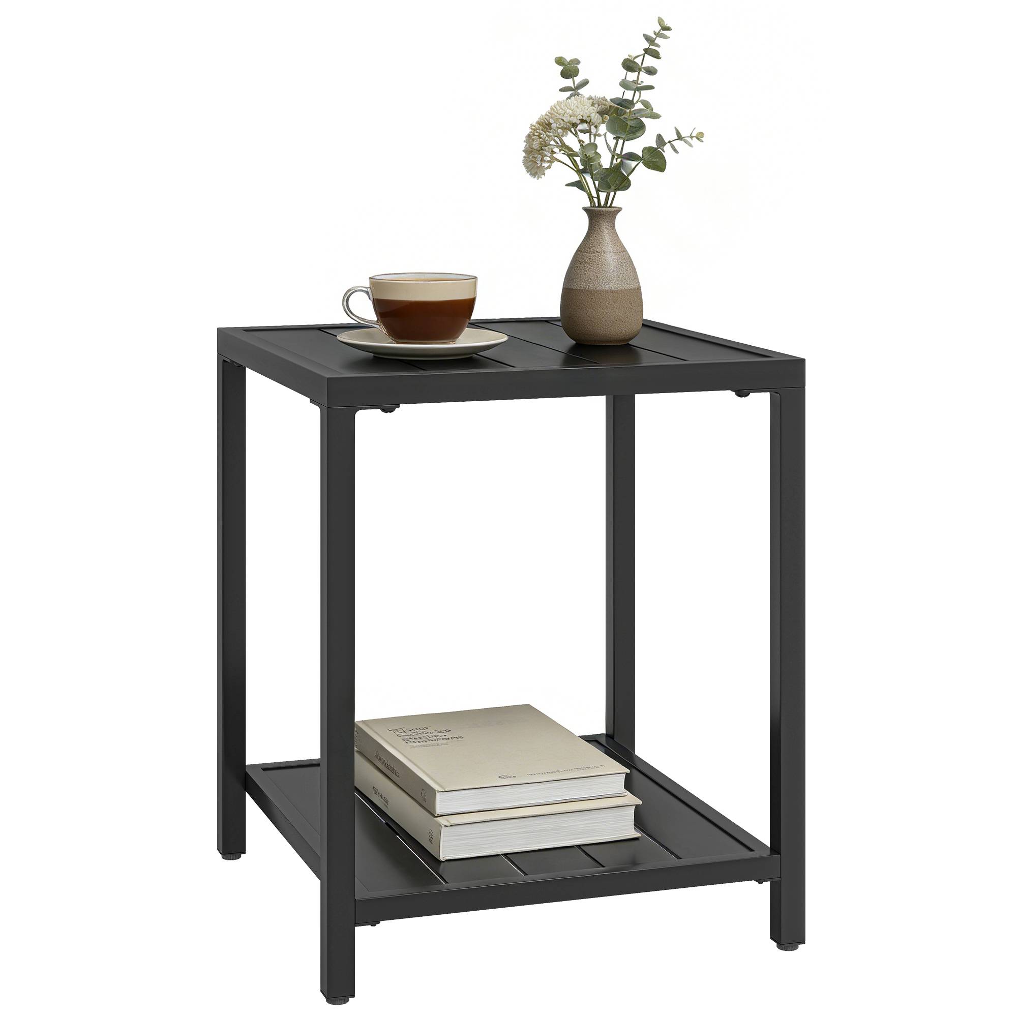 Sans Marque - Table basse extérieure à 2 niveaux en métal, table de jardin carrée avec étagère de rangement, 45 x 45 x 54 cm, noir - Image 1