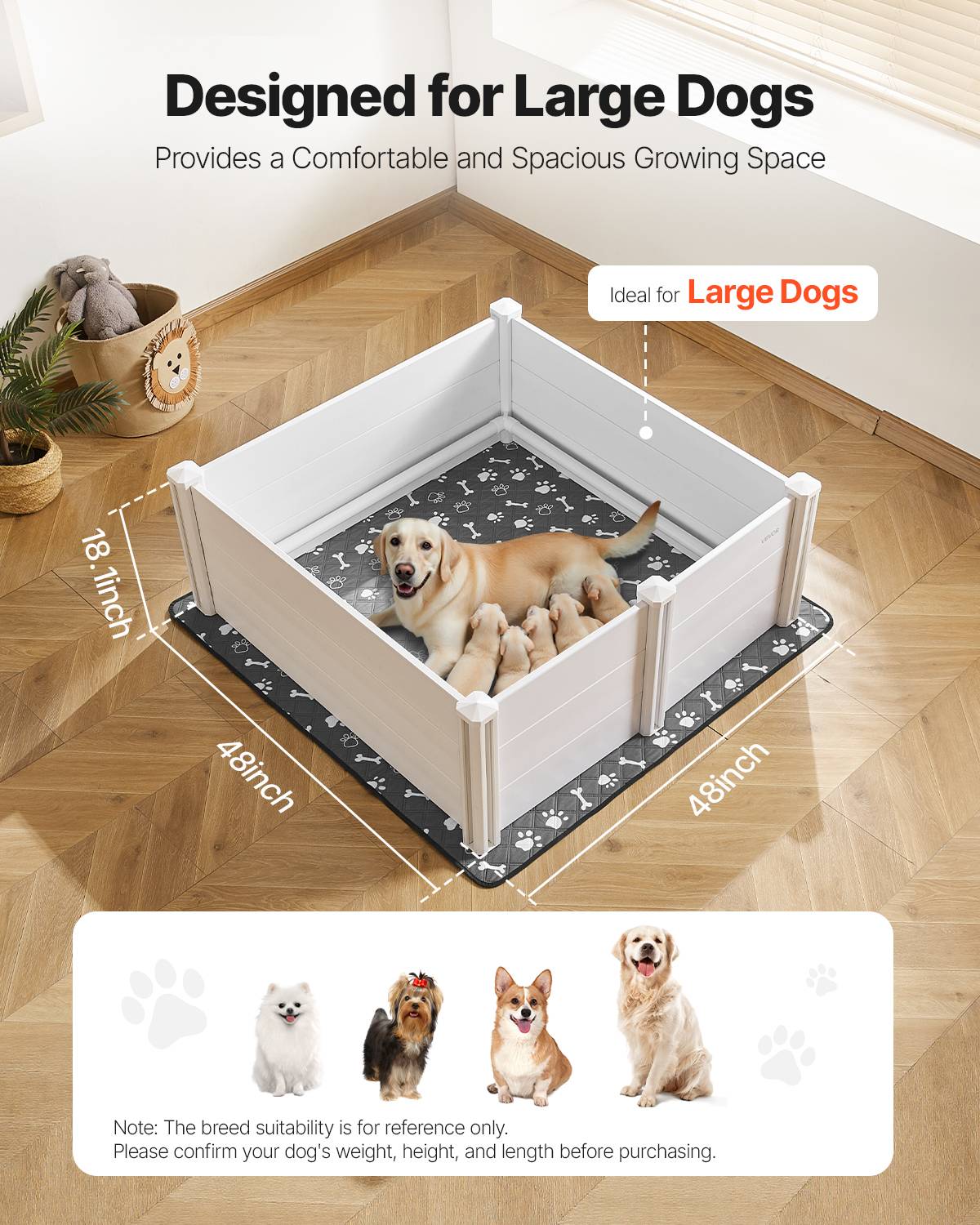 VEVOR Parc mise bas chien, 122x122x46 cm, PVC, porte réglable. Tapis urine lavable. - Image 2