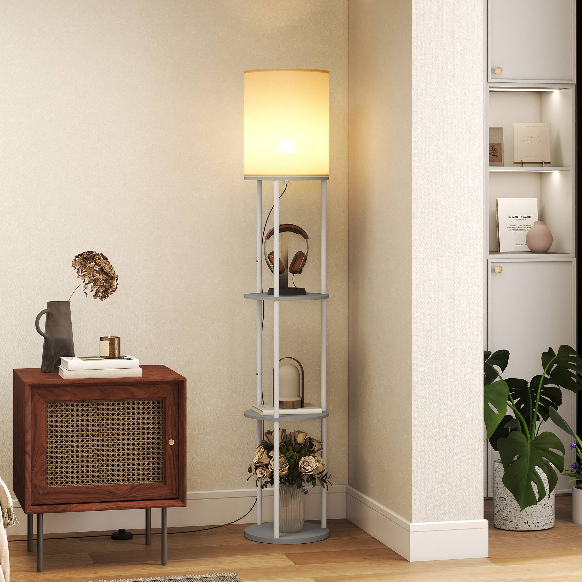 Lampe design gris forme tarte avec étagères 3 températures lumineuses télécommandée - Image 3