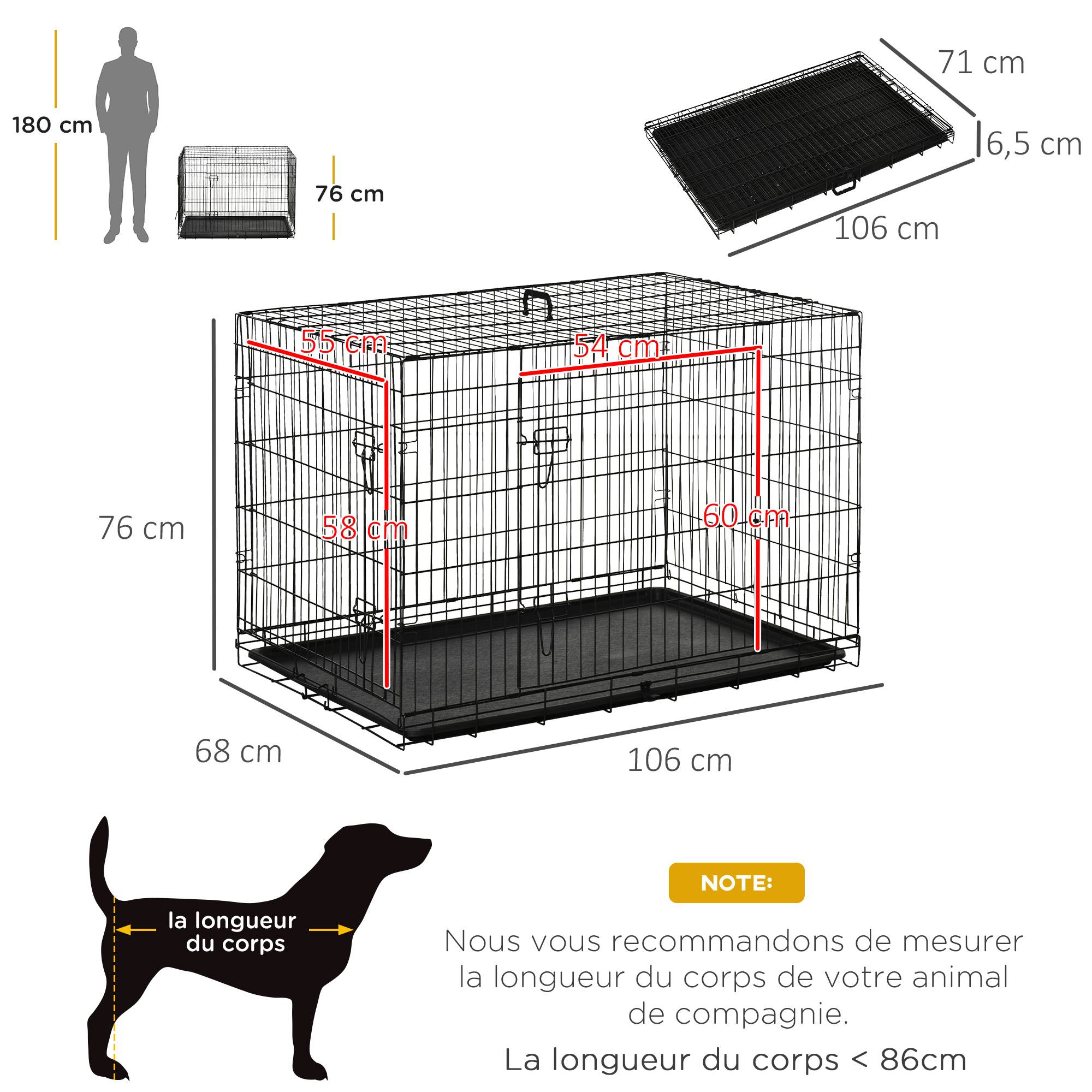 Sans Marque - Cage caisse de transport pliante pour chien en acier 2 portes verrouillables 106L x 71,5l x 76H cm noir - Image 5