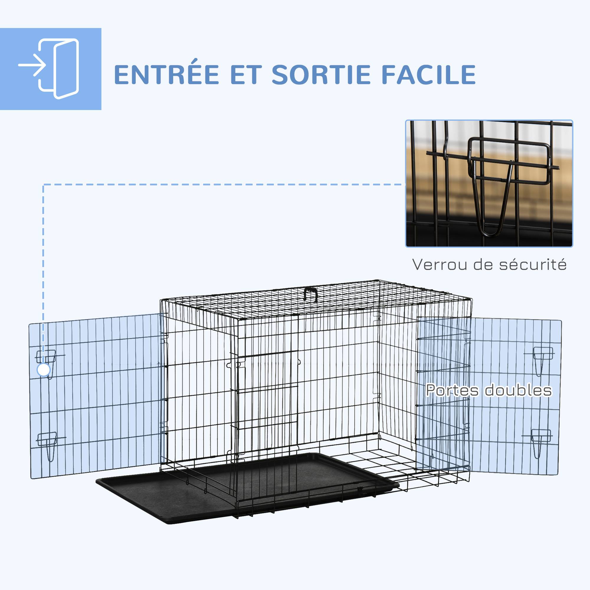 Sans Marque - Cage caisse de transport pliante pour chien en acier 2 portes verrouillables 106L x 71,5l x 76H cm noir - Image 6