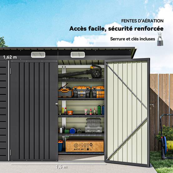 Abri de Jardin 2,7 m², Dim. 249 x 121 x 183 cm gants inclus portes doubles verrouillables ventilations tôle acier gris - Image 7
