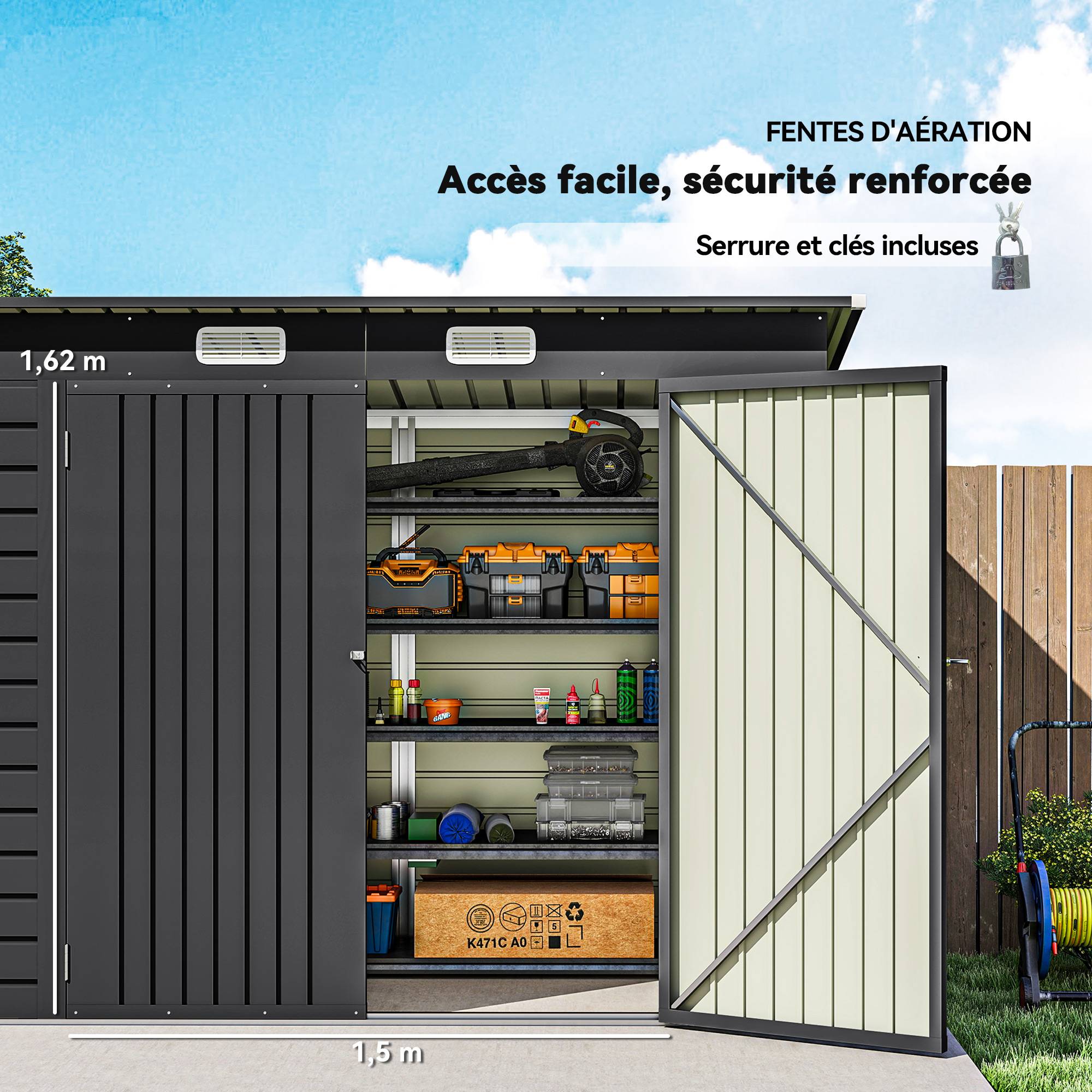 Abri de Jardin 2,7 m², Dim. 249 x 121 x 183 cm gants inclus portes doubles verrouillables ventilations tôle acier gris - Image 7