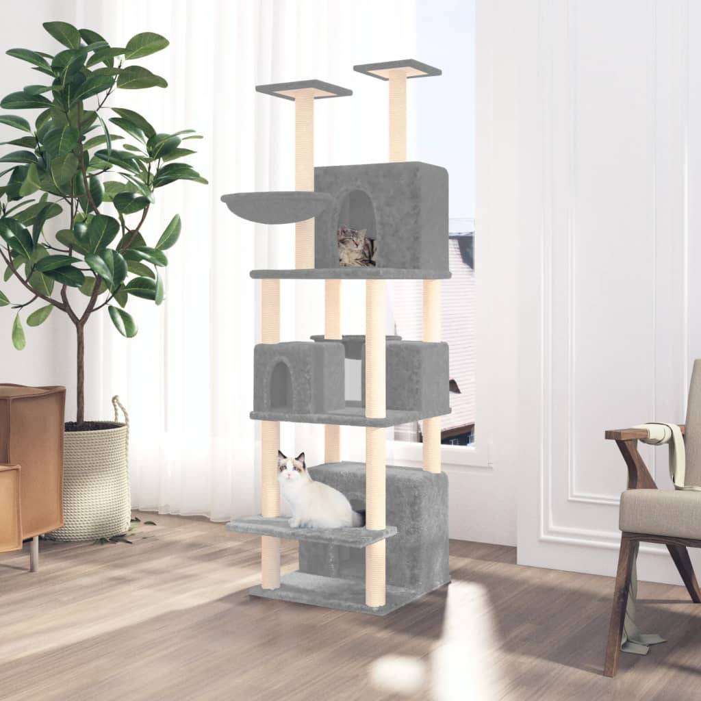 Arbre à Chat XXL 180cm Gris Clair, Idéal Multi-Chats avec 4 Maisons, Hamacs et Poteaux à Griffer en Sisal – ComfortXL Pet Living - Image 1