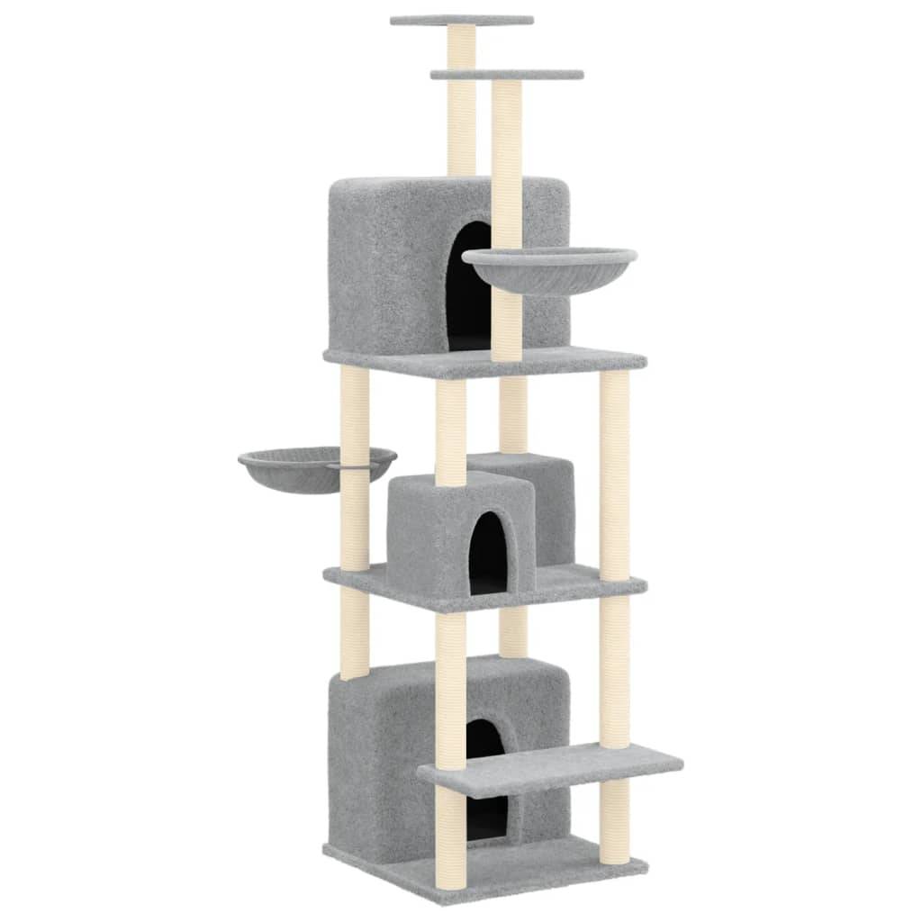 Arbre à Chat XXL 180cm Gris Clair, Idéal Multi-Chats avec 4 Maisons, Hamacs et Poteaux à Griffer en Sisal – ComfortXL Pet Living - Image 2