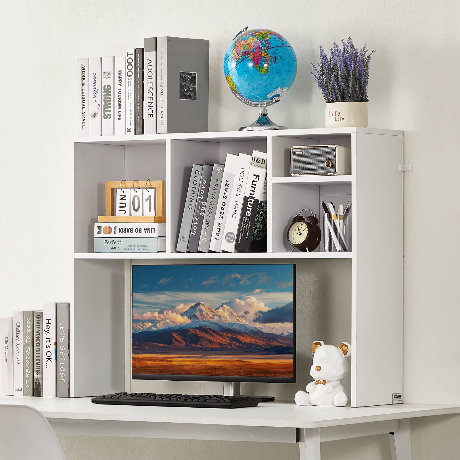 VEVOR Étagère poser bureau 1 niveau, 94x24x73cm, bois, antidérapant, rangement, bureau, blanc. - Image 8