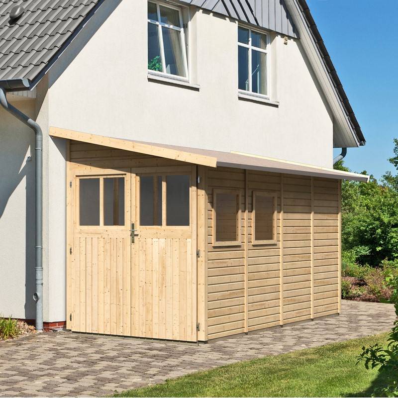 Abri de jardin adossé 8m² bois massif 19mm embase traitée Karibu Juist 5 marron - Image 2
