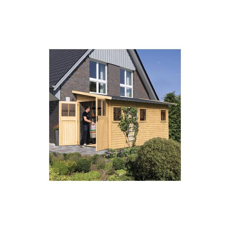 Abri de jardin adossé 8m² bois massif 19mm embase traitée Karibu Juist 5 marron - Image 1
