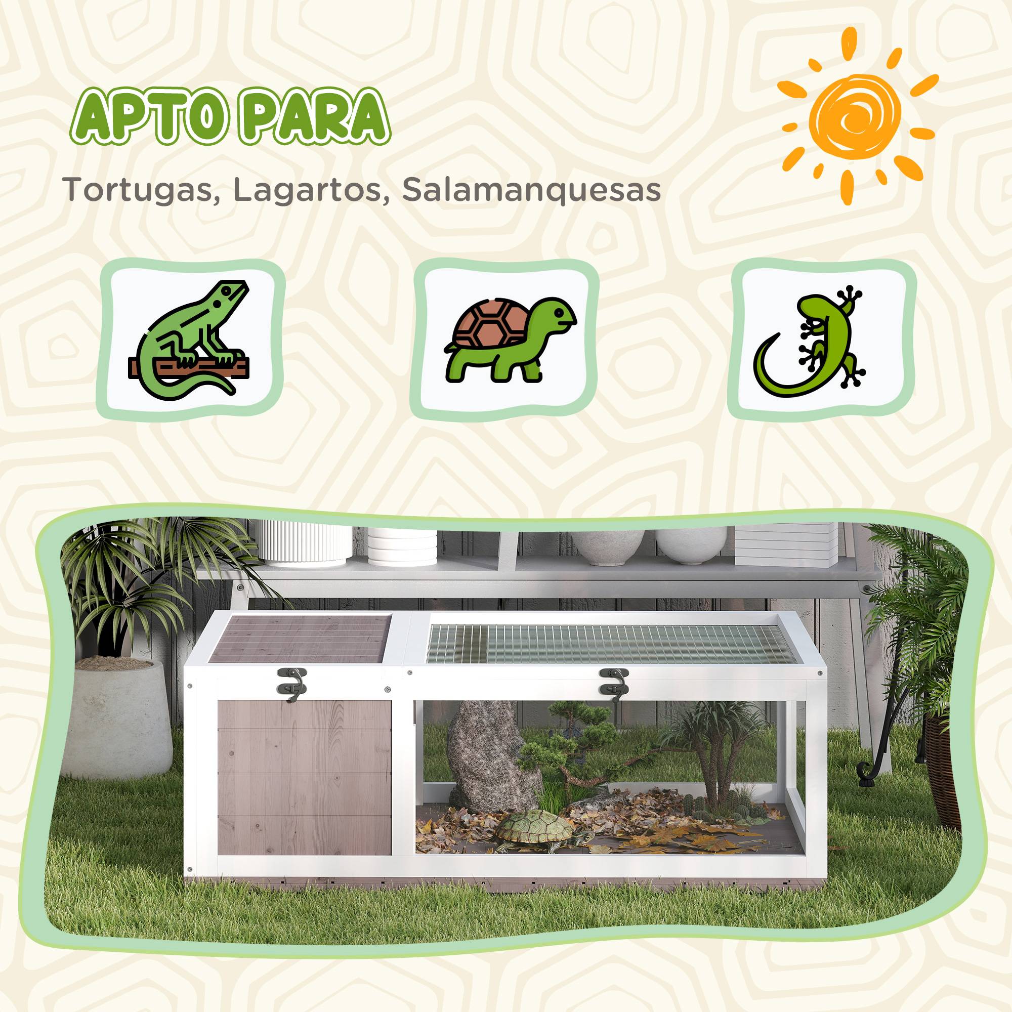 Maison pour tortues en bois avec toit grillagé et panneaux latéraux transparents amovibles, 91x60,5x32 cm, marron clair - Image 9