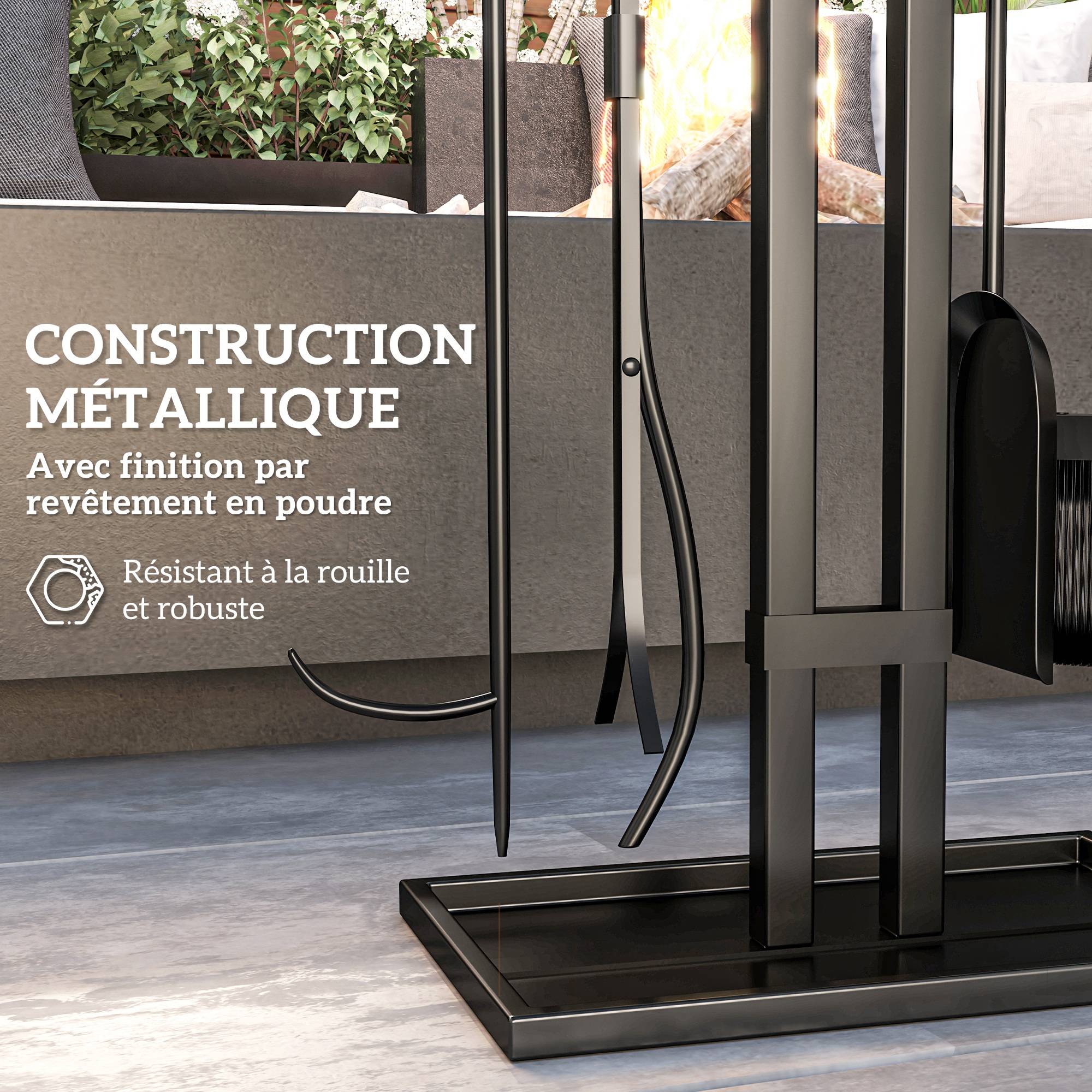 ComfortXL - Serviteur de cheminée 5 pièces en métal noir avec support rectangulaire 31 x 20 cm pour ranger les outils du foyer - Image 5