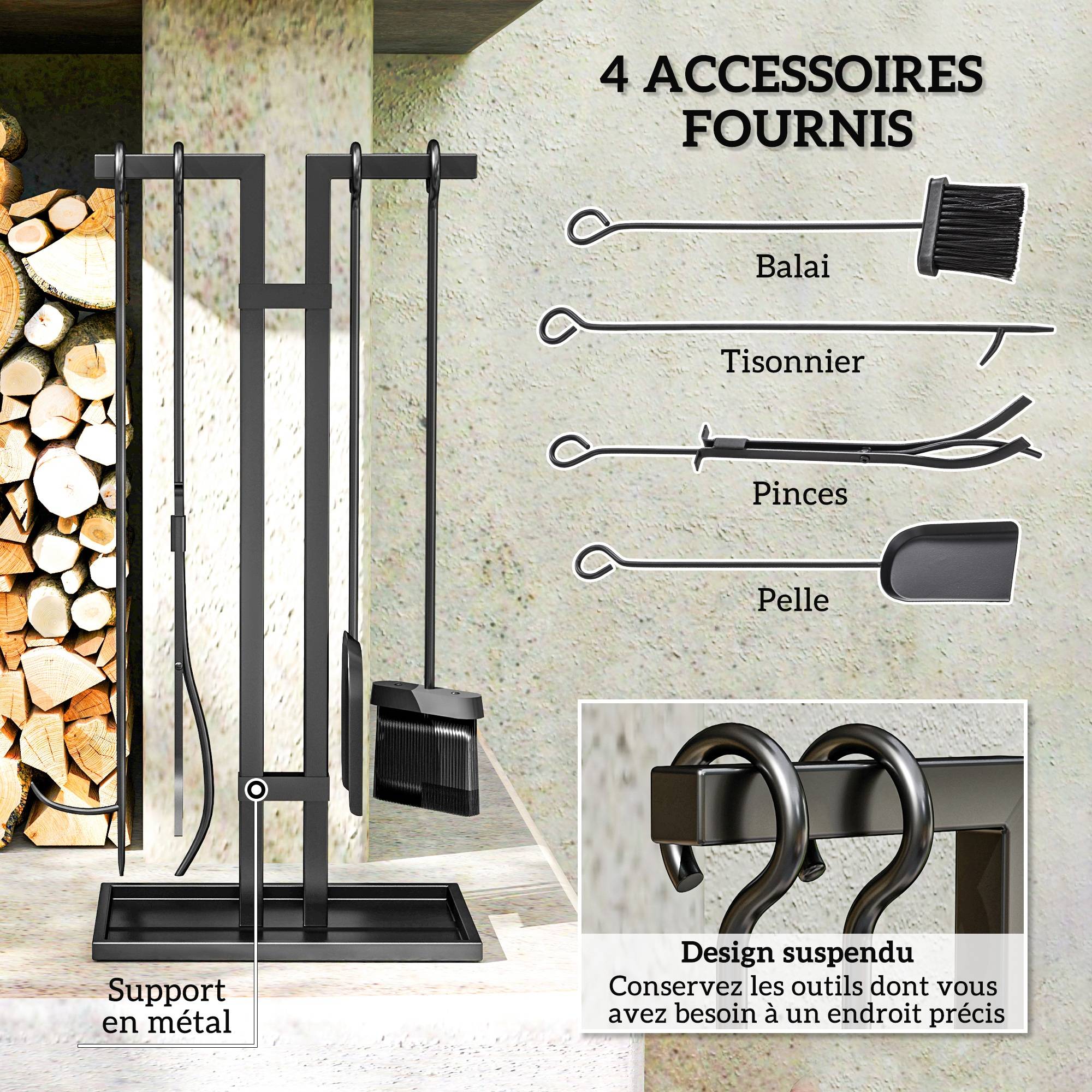 ComfortXL - Serviteur de cheminée 5 pièces en métal noir avec support rectangulaire 31 x 20 cm pour ranger les outils du foyer - Image 4