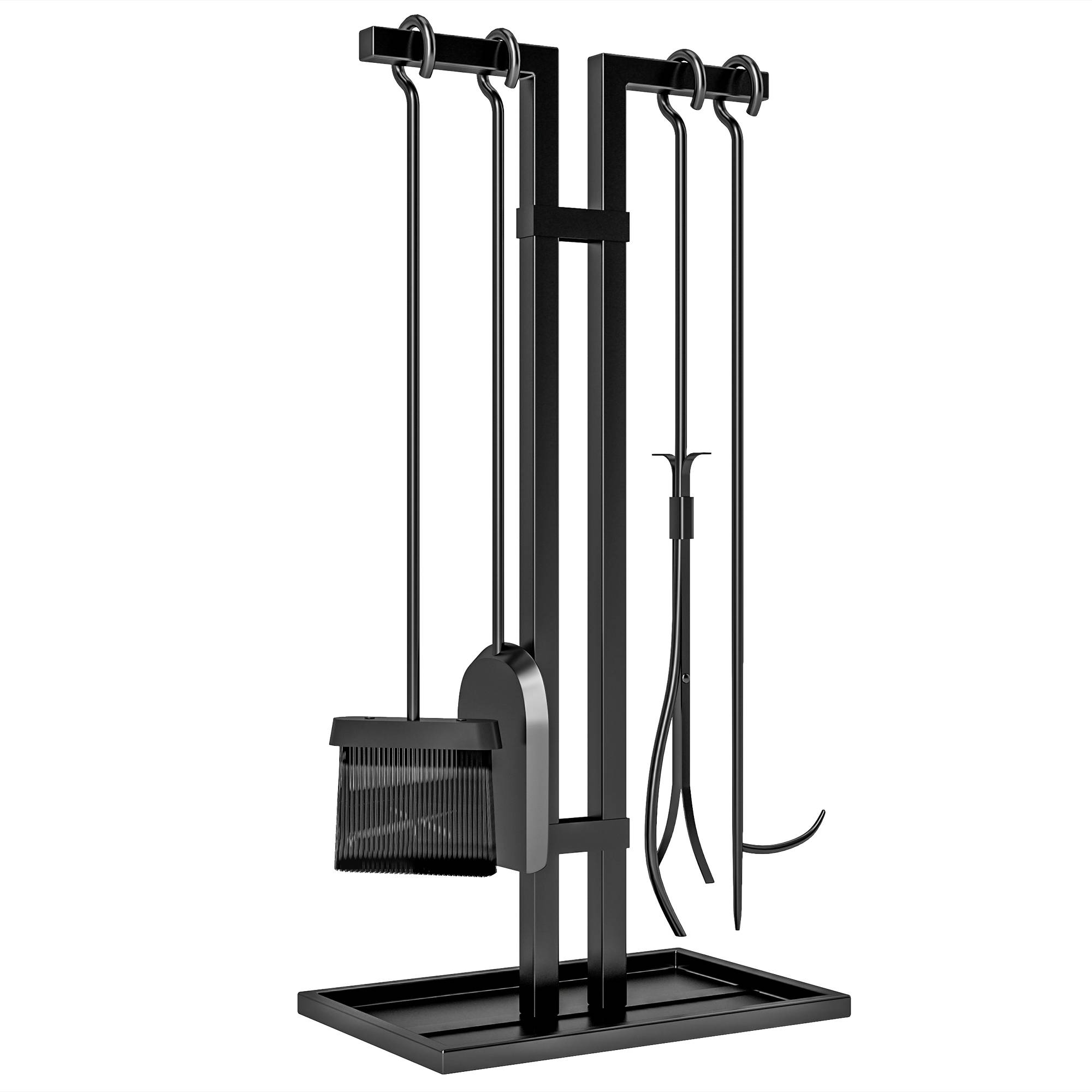ComfortXL - Serviteur de cheminée 5 pièces en métal noir avec support rectangulaire 31 x 20 cm pour ranger les outils du foyer - Image 2
