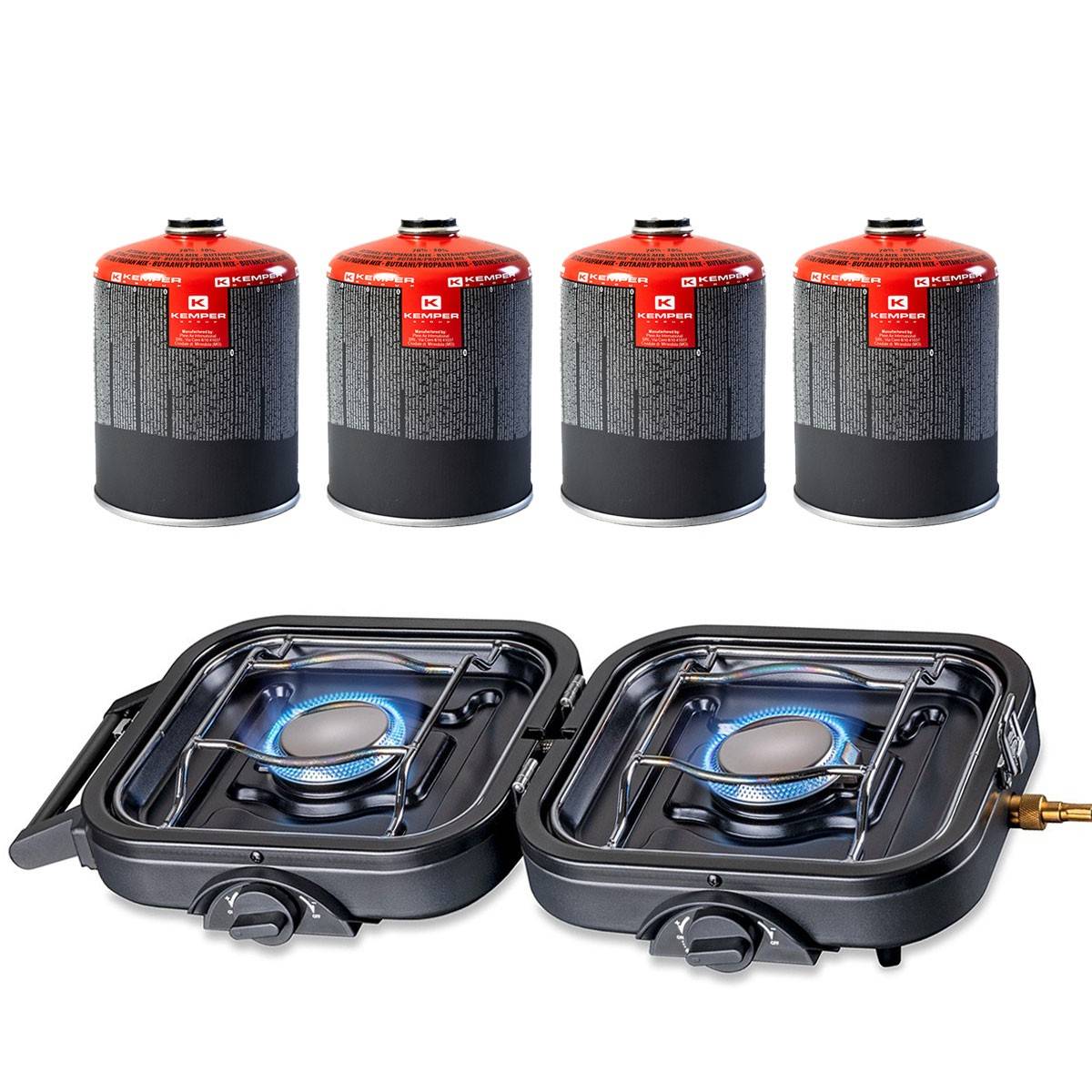 Réchaud gaz 2 feux 4600W pliable + 4 Cartouches de gaz KEMPER - Image 1