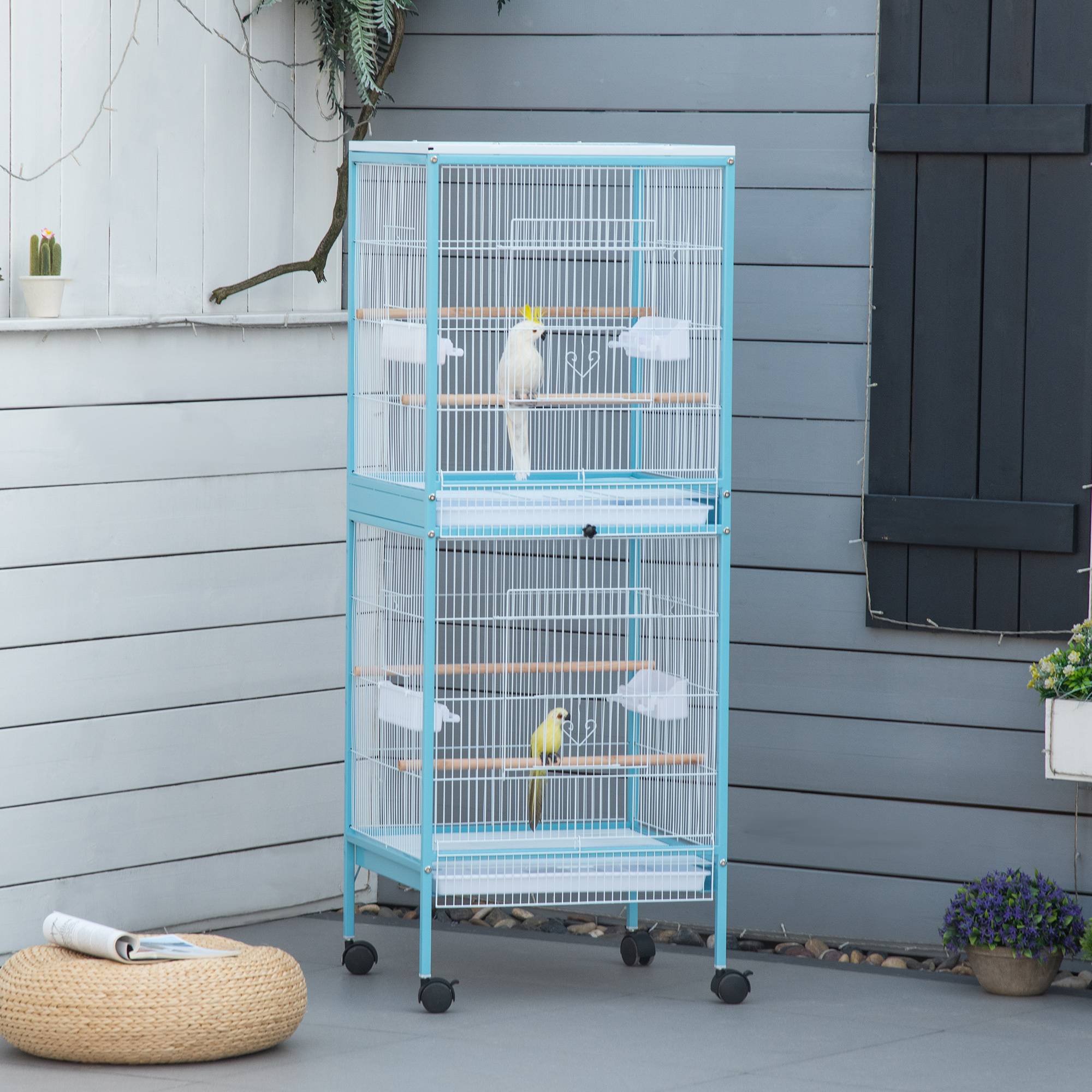 Sans Marque - Grande Cage à Oiseaux sur Pied Double avec Mangeoires Perchoirs Plateau Amovible Roulettes 51,5 x 50 x 140 cm Bleu Clair - Image 4