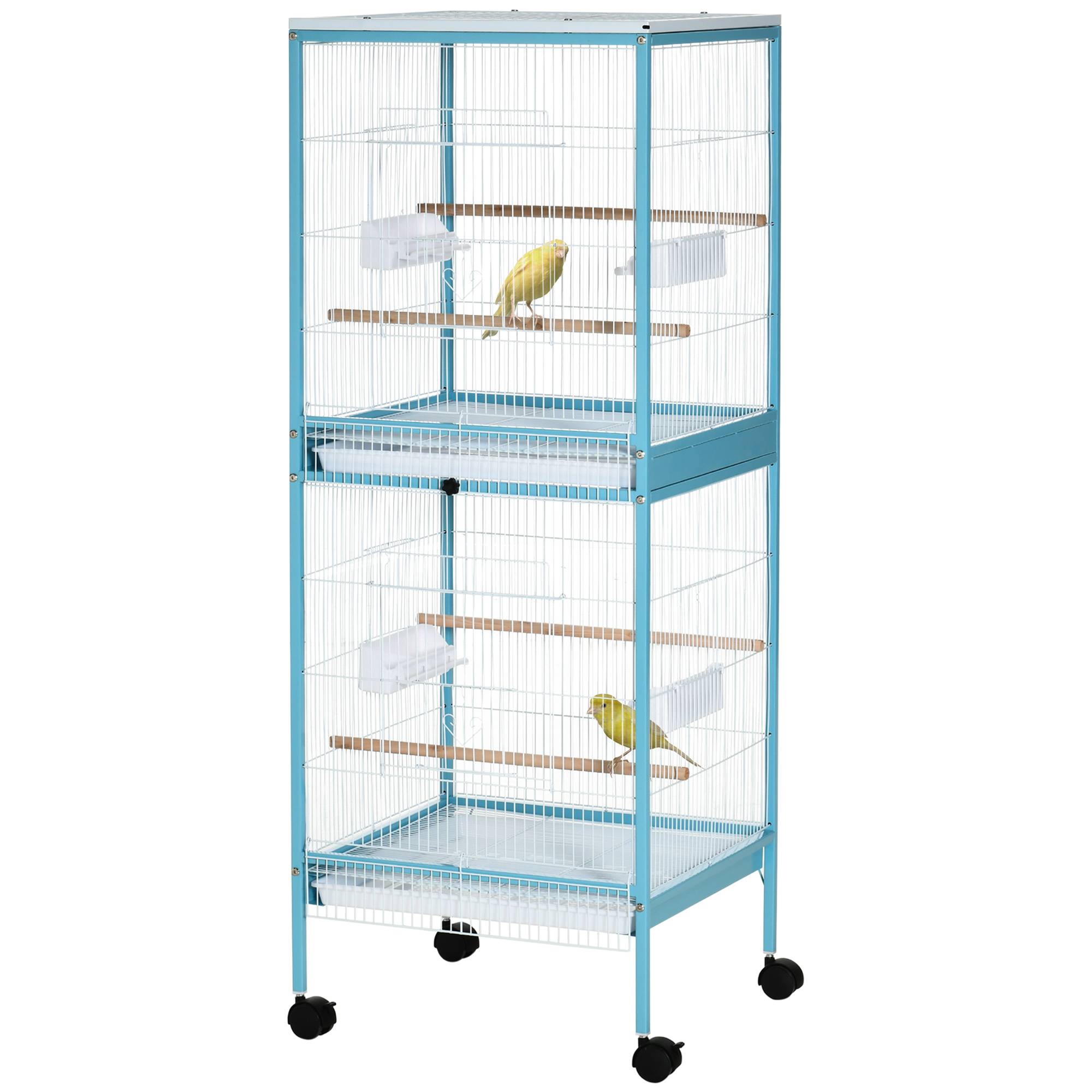 Sans Marque - Grande Cage à Oiseaux sur Pied Double avec Mangeoires Perchoirs Plateau Amovible Roulettes 51,5 x 50 x 140 cm Bleu Clair - Image 2
