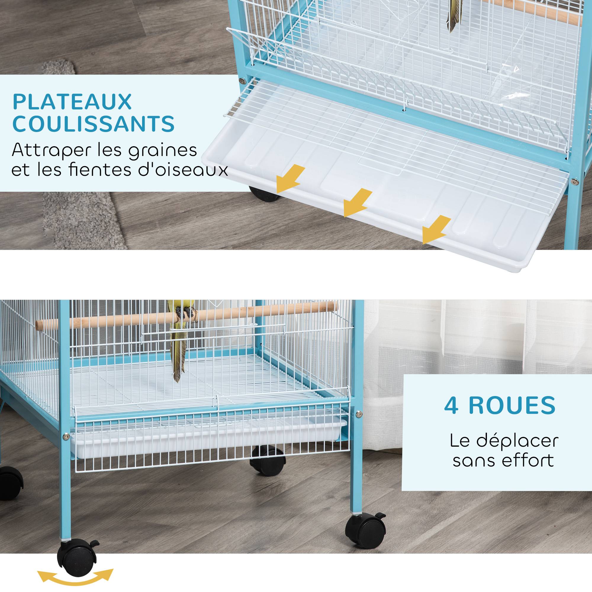 Sans Marque - Grande Cage à Oiseaux sur Pied Double avec Mangeoires Perchoirs Plateau Amovible Roulettes 51,5 x 50 x 140 cm Bleu Clair - Image 8