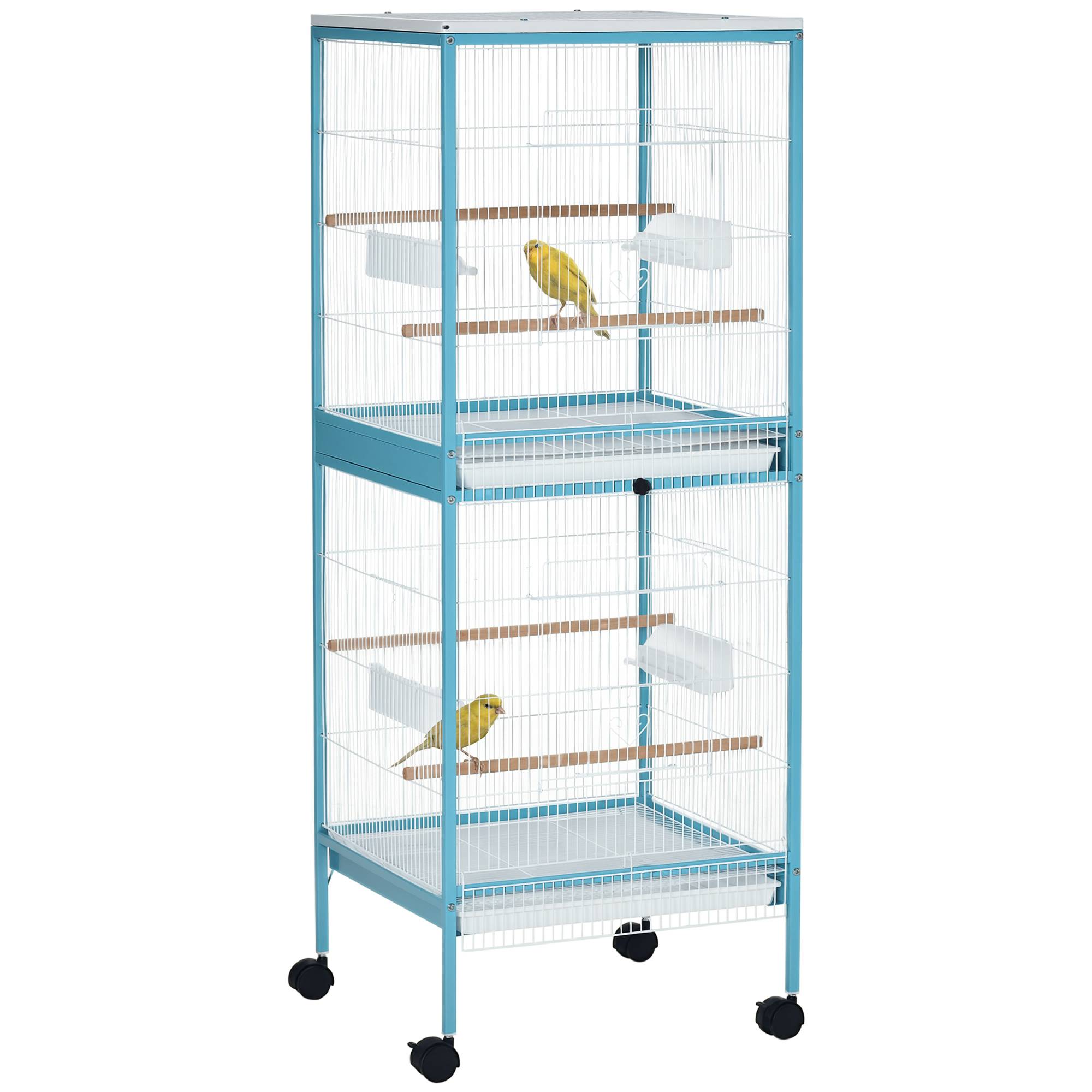 Sans Marque - Grande Cage à Oiseaux sur Pied Double avec Mangeoires Perchoirs Plateau Amovible Roulettes 51,5 x 50 x 140 cm Bleu Clair - Image 1