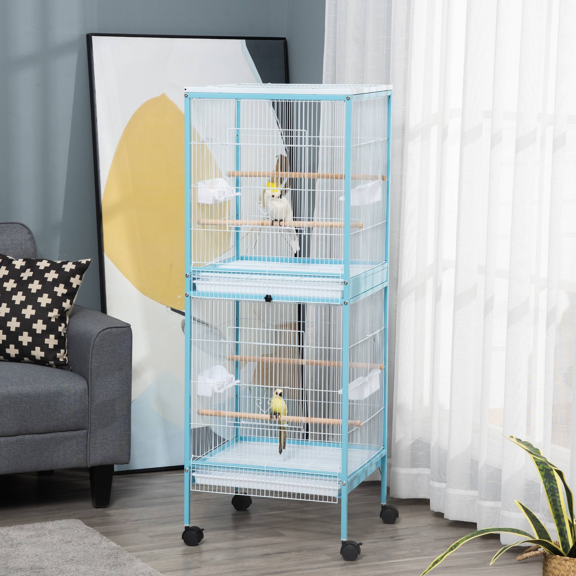 Sans Marque - Grande Cage à Oiseaux sur Pied Double avec Mangeoires Perchoirs Plateau Amovible Roulettes 51,5 x 50 x 140 cm Bleu Clair - Image 3