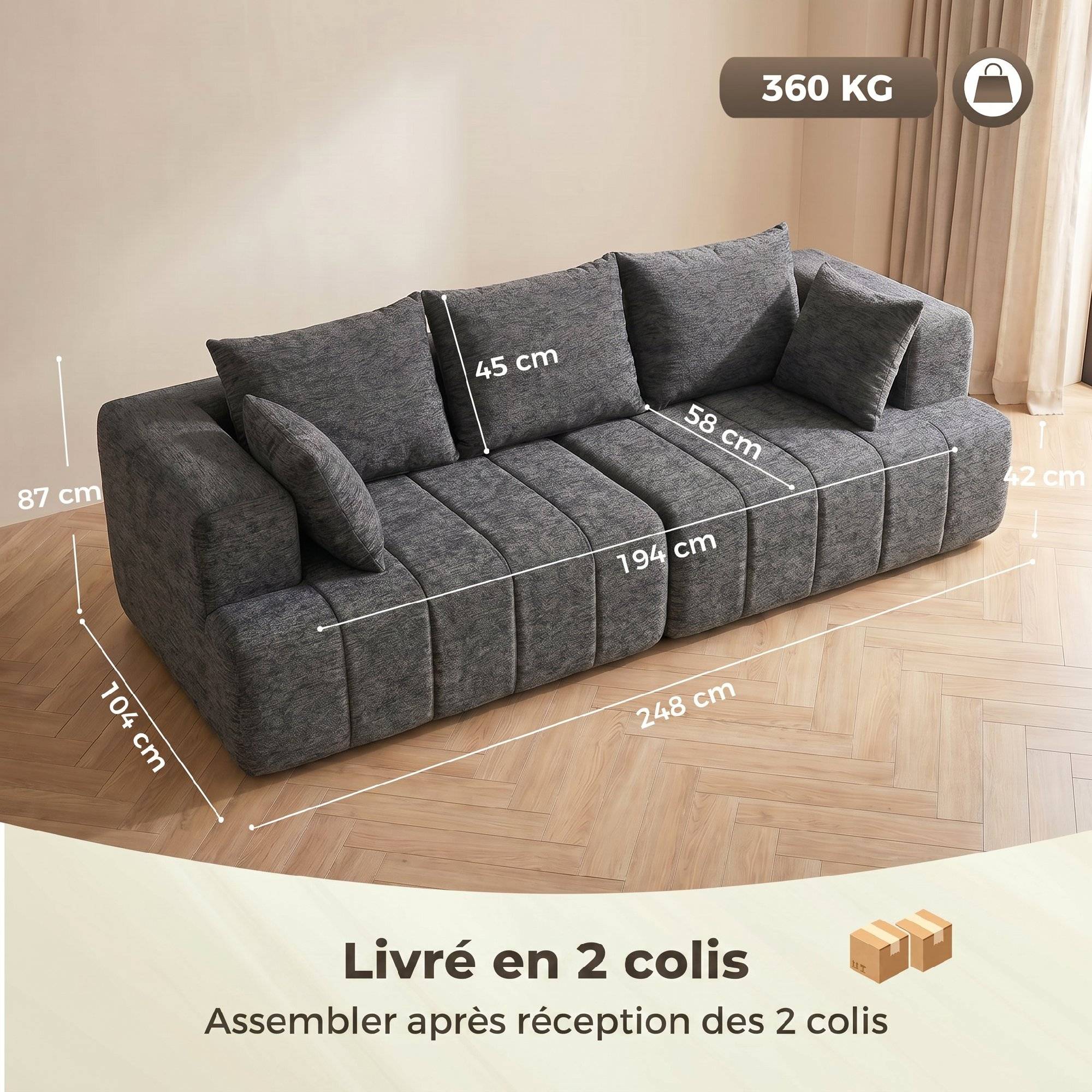 Canapé 3 places en chenille 248 cm, canapé salon moderne, large assise rembourrée, coussins à ressorts, gris - Image 5
