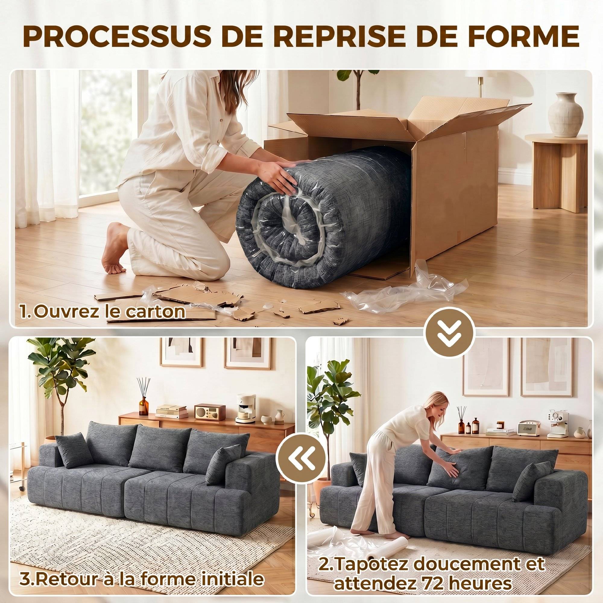 Canapé 3 places en chenille 248 cm, canapé salon moderne, large assise rembourrée, coussins à ressorts, gris - Image 9