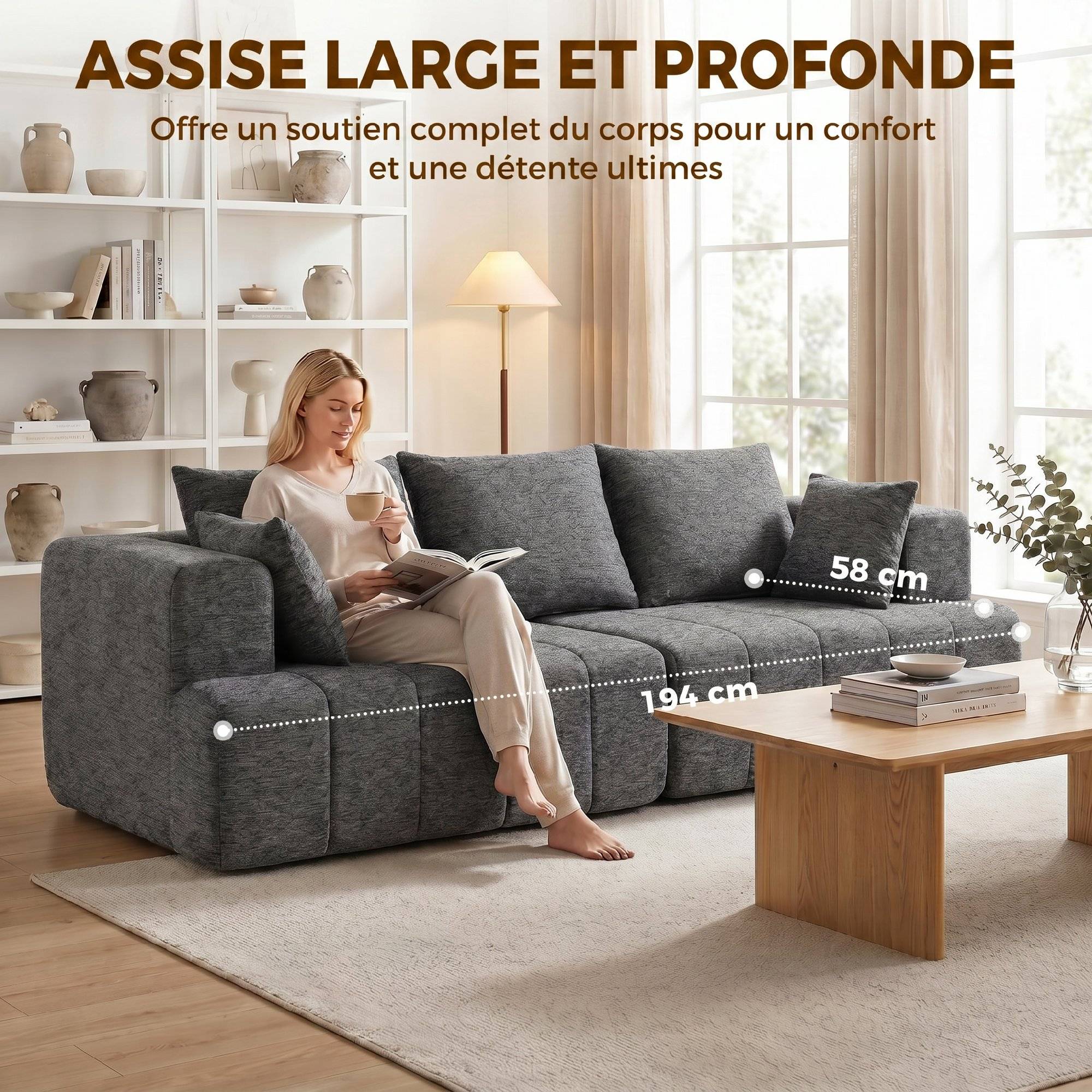 Canapé 3 places en chenille 248 cm, canapé salon moderne, large assise rembourrée, coussins à ressorts, gris - Image 8